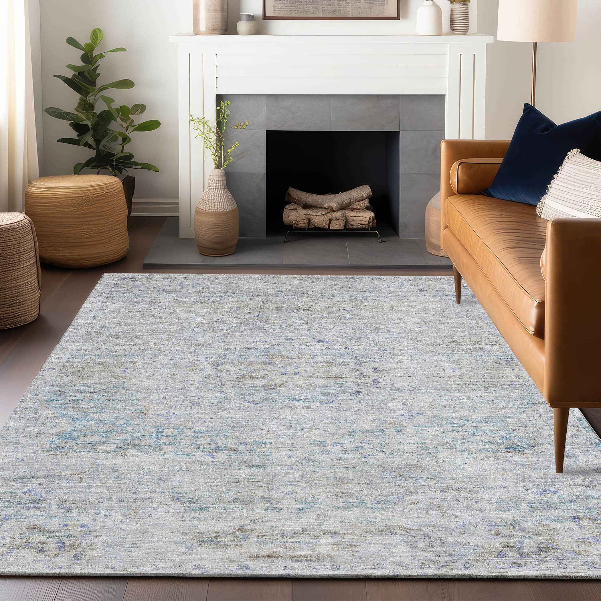 8' X 10' Beige And Blue Medallion Washable Indoor Outdoor Area Rug