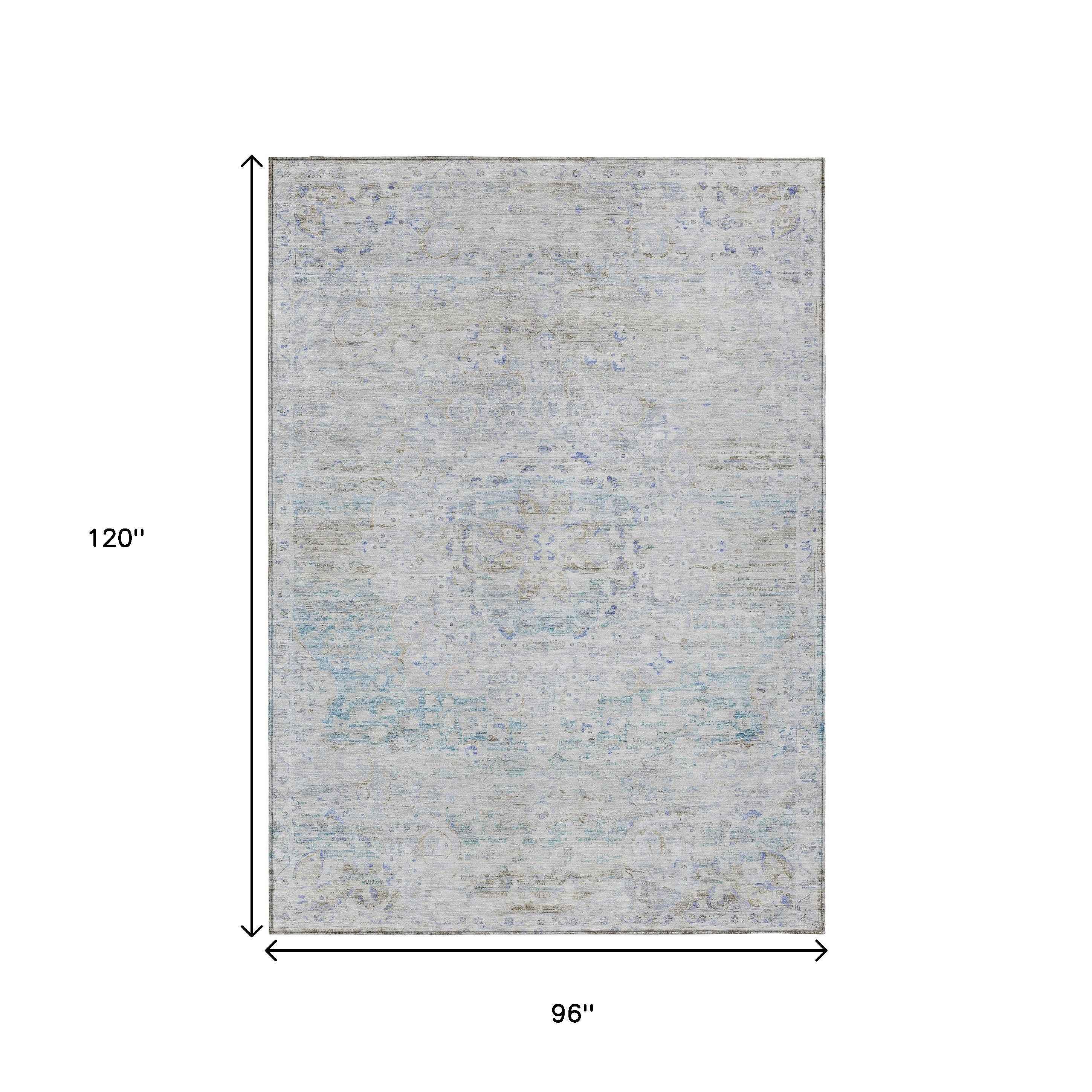 8' X 10' Beige And Blue Medallion Washable Indoor Outdoor Area Rug