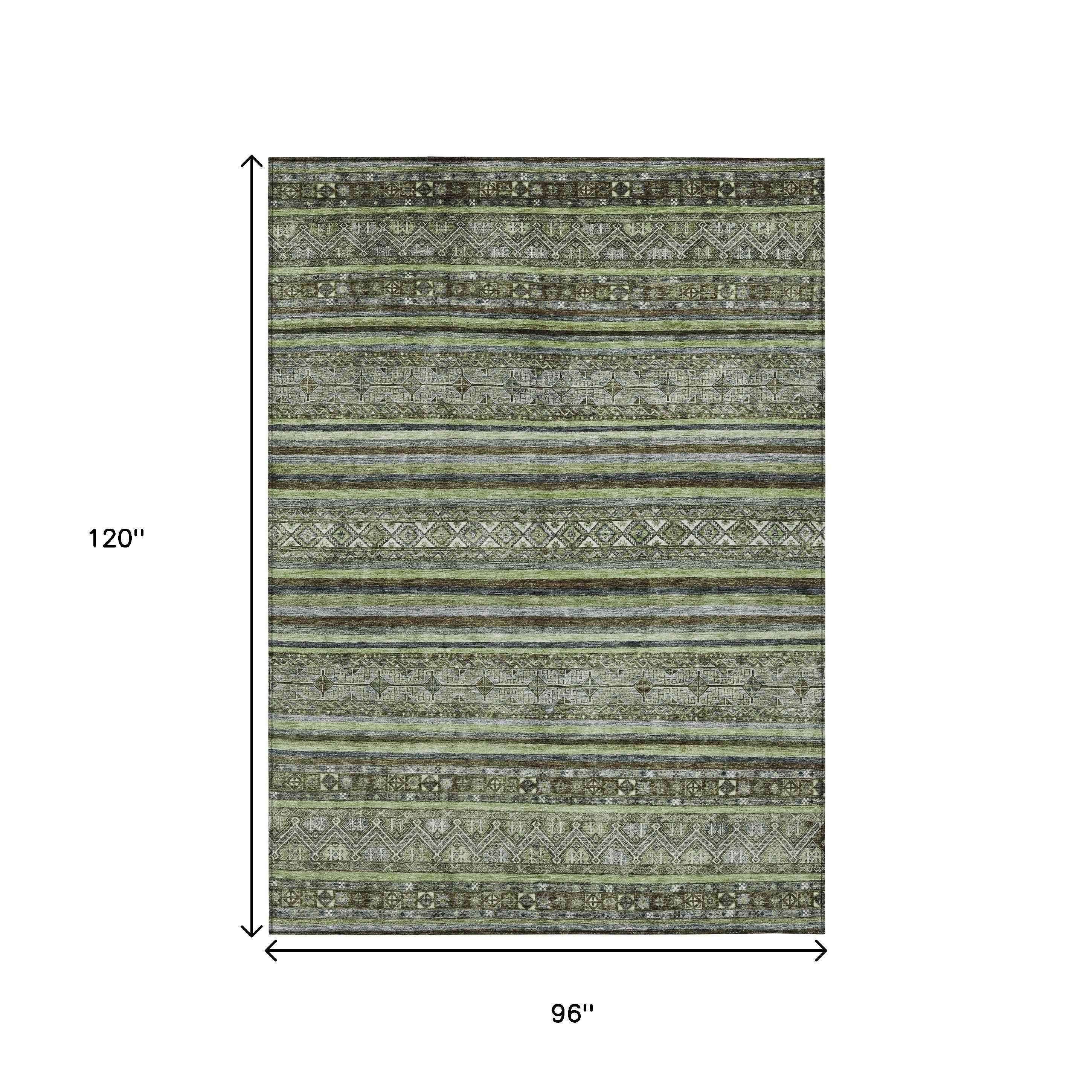 8' X 10' Olive Green Gray And Fern Green Southwestern Washable Indoor Outdoor Area Rug