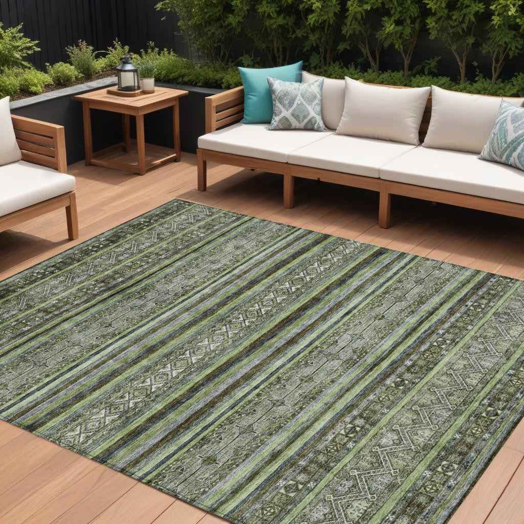 8' X 10' Olive Green Gray And Fern Green Southwestern Washable Indoor Outdoor Area Rug