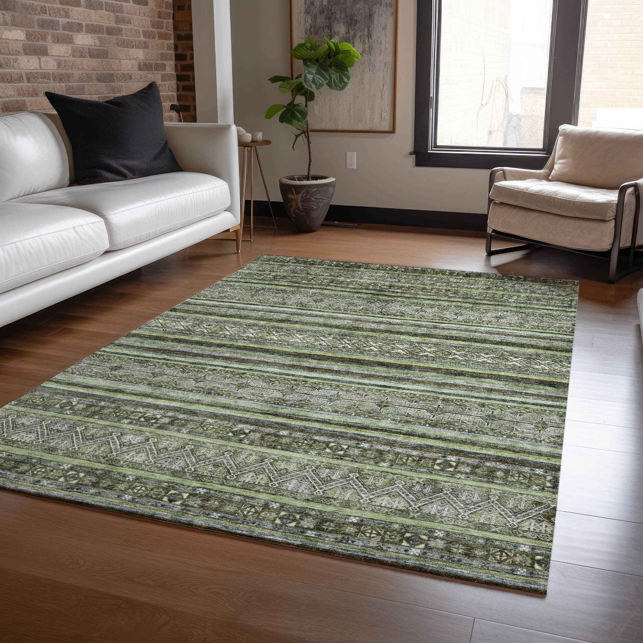 8' X 10' Olive Green Gray And Fern Green Southwestern Washable Indoor Outdoor Area Rug