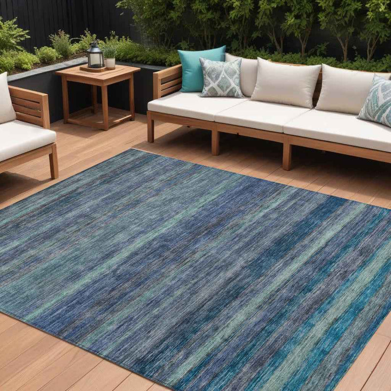 10' X 14' Blue And Gray Striped Washable Indoor Outdoor Area Rug