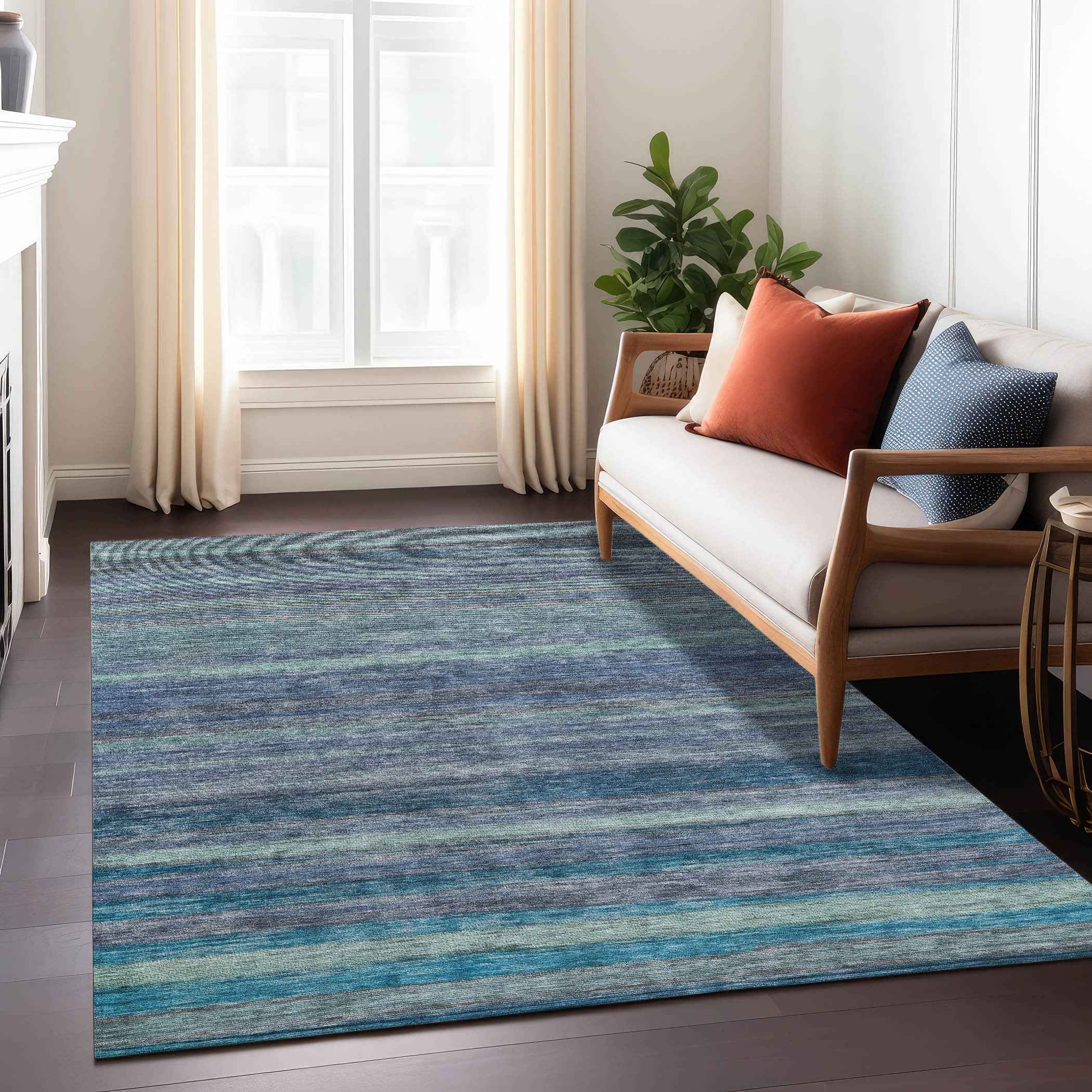 10' X 14' Blue And Gray Striped Washable Indoor Outdoor Area Rug