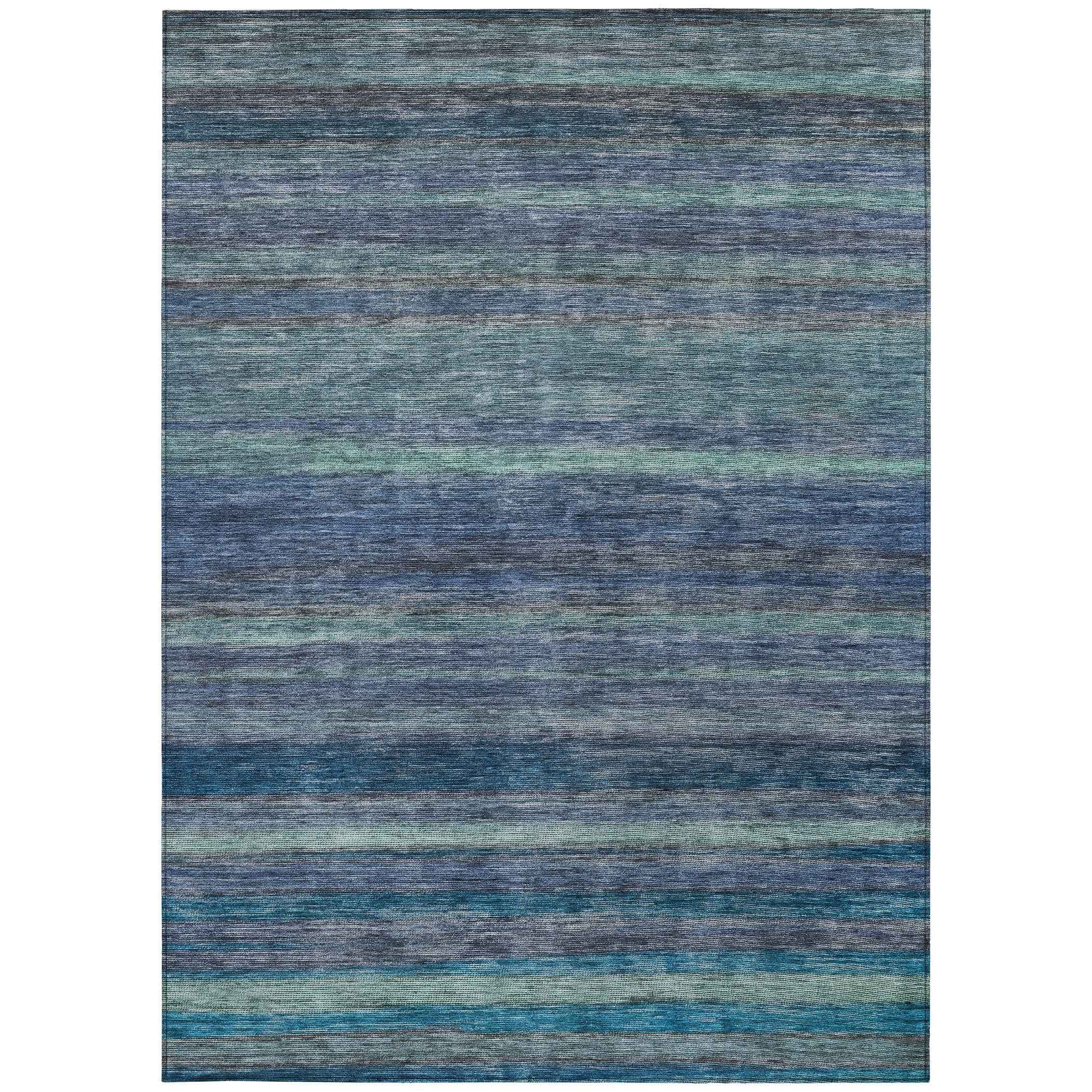 10' X 14' Blue And Gray Striped Washable Indoor Outdoor Area Rug