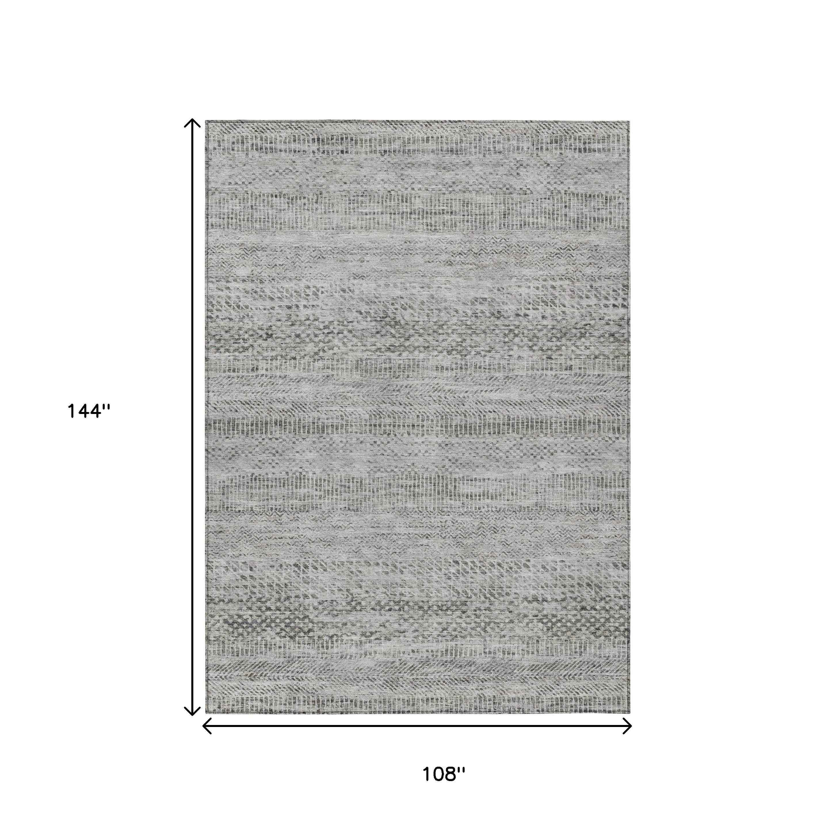 9' X 12' Gray And Charcoal Striped Washable Indoor Outdoor Area Rug