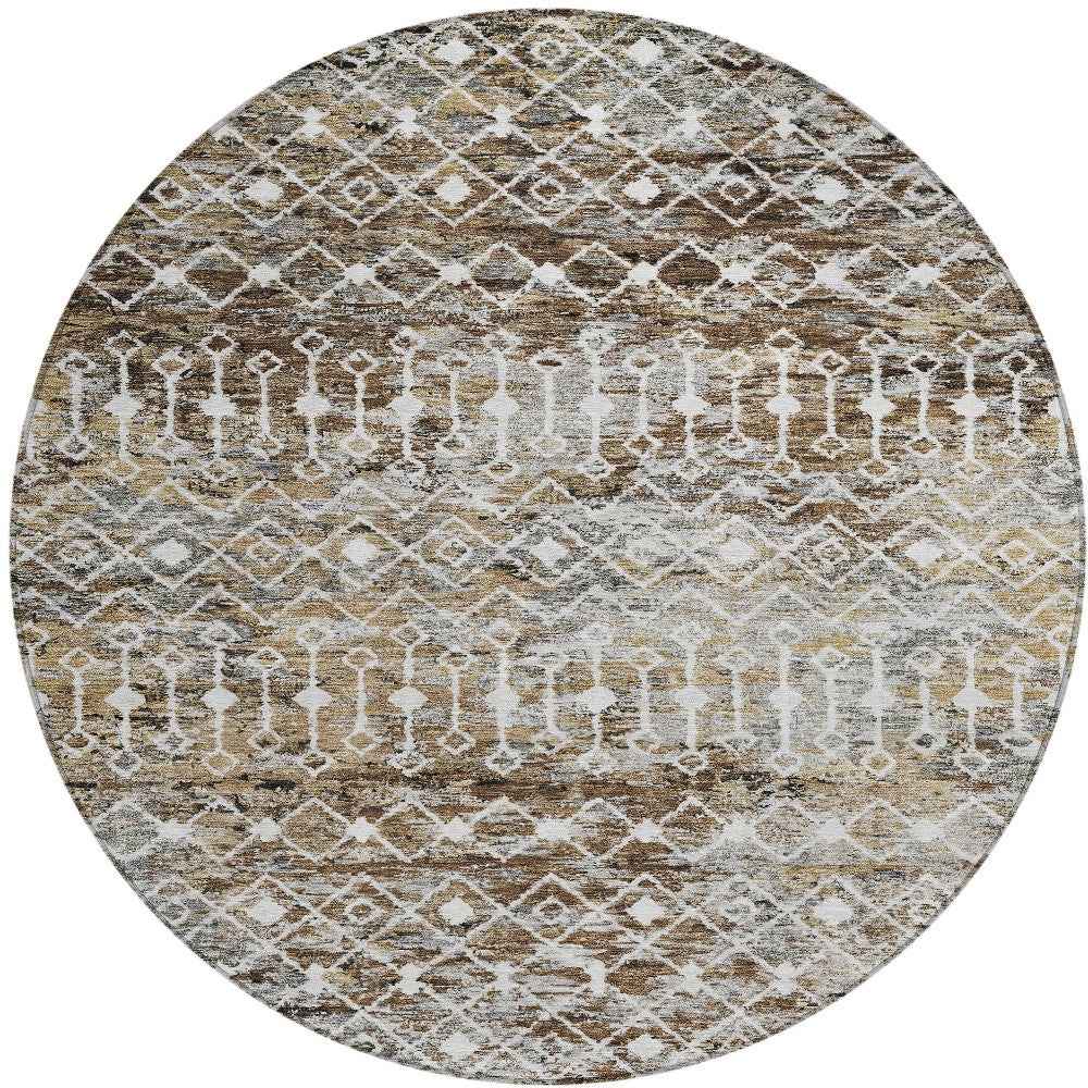 8' Brown And Beige Round Argyle Washable Indoor Outdoor Area Rug