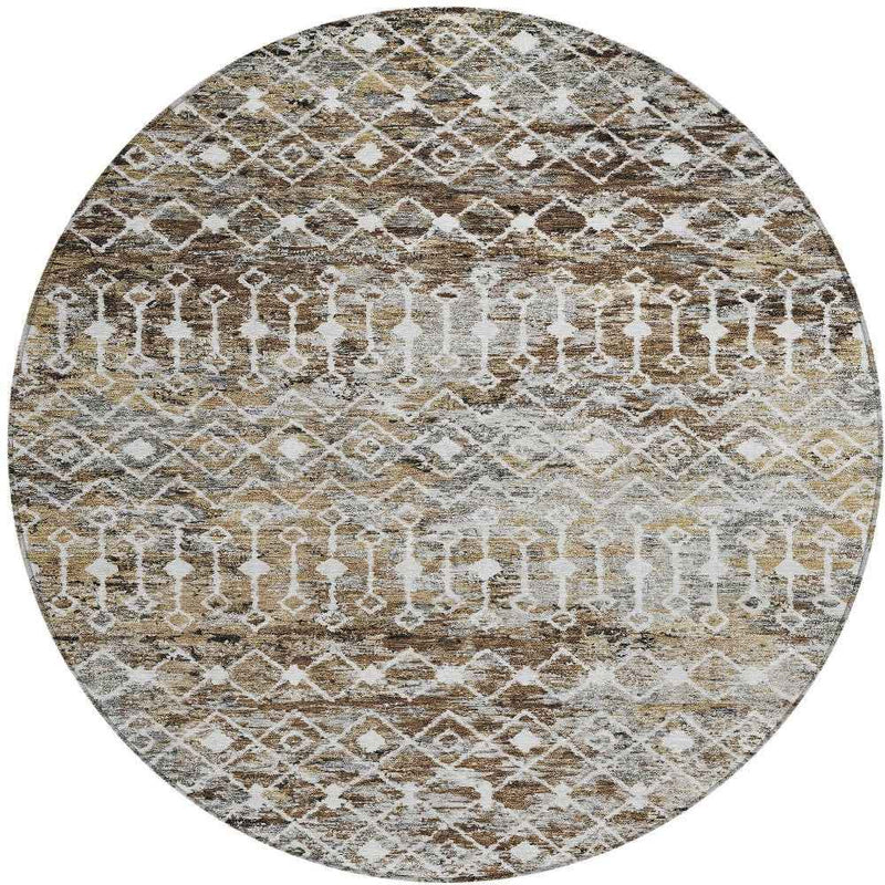 8' Brown And Beige Round Argyle Washable Indoor Outdoor Area Rug