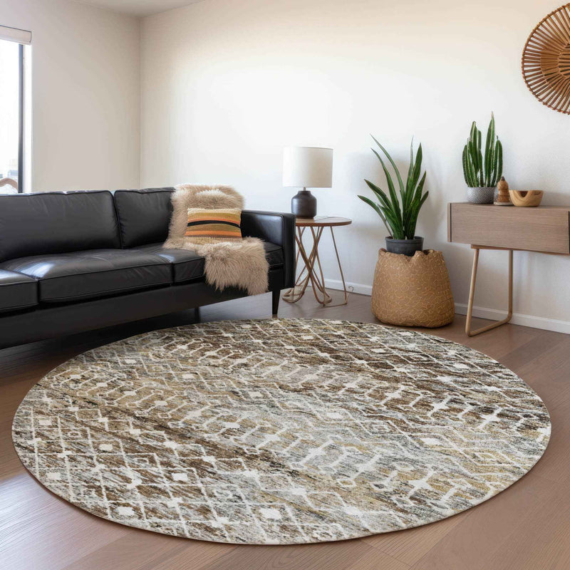 8' Brown And Beige Round Argyle Washable Indoor Outdoor Area Rug