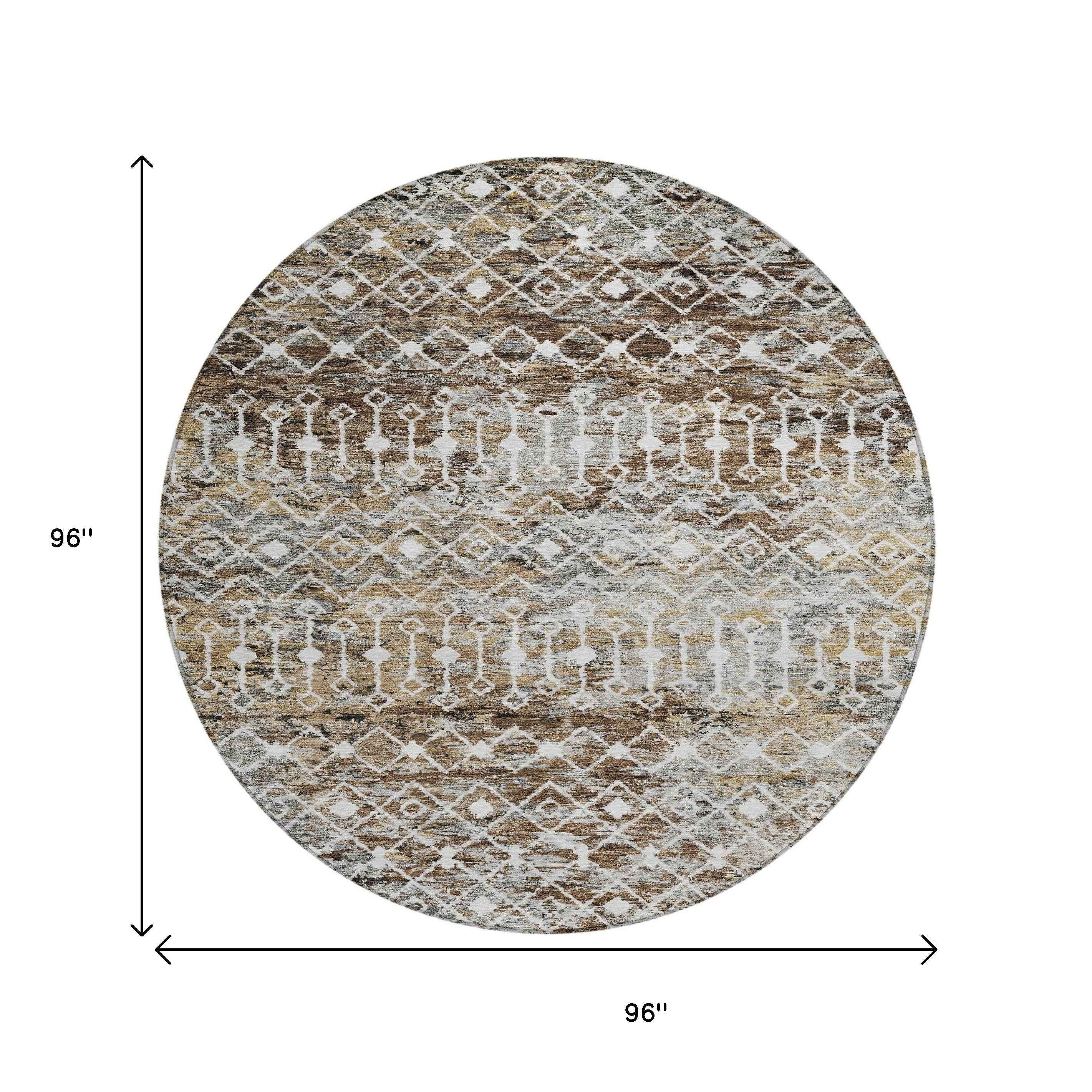 8' Brown And Beige Round Argyle Washable Indoor Outdoor Area Rug