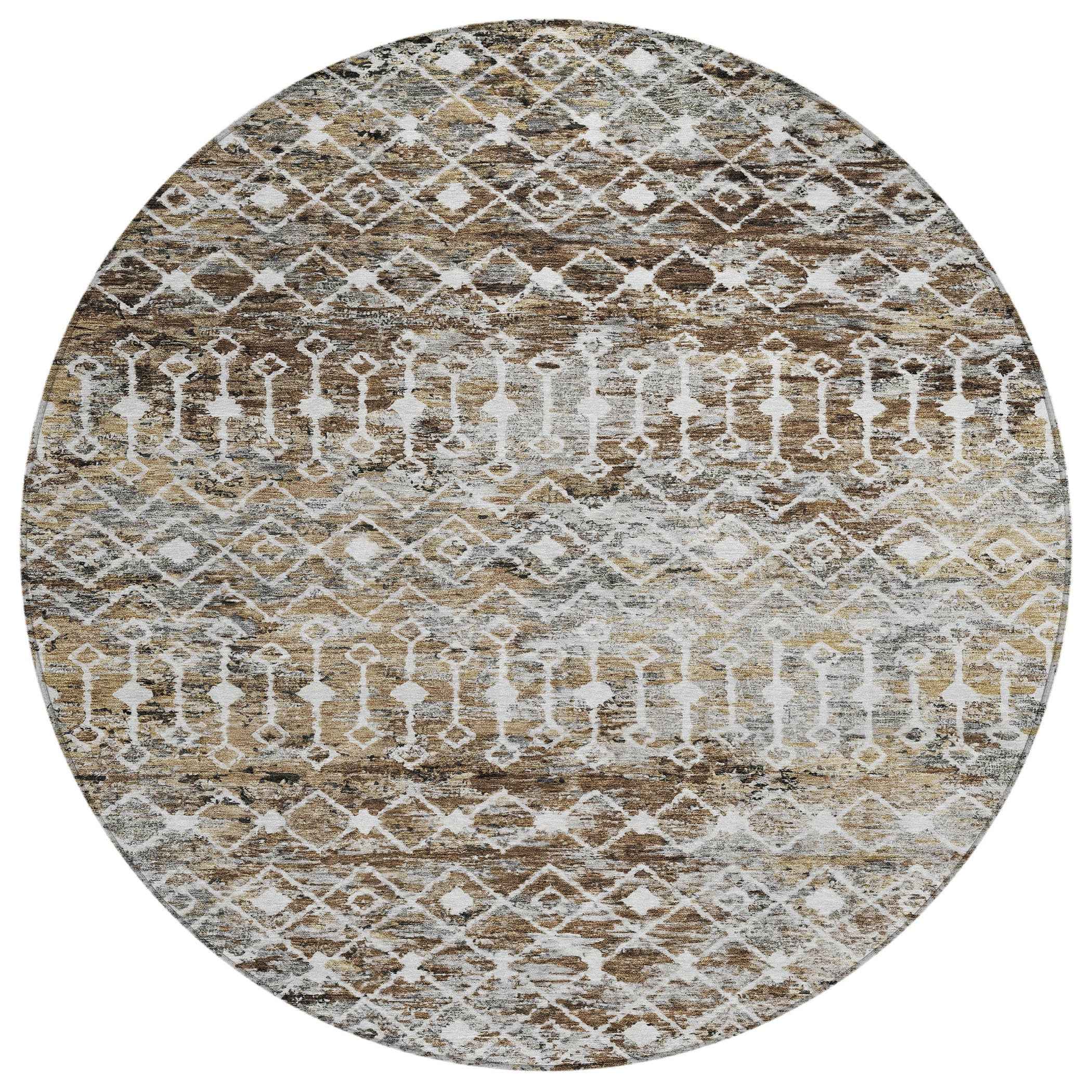 8' Brown And Beige Round Argyle Washable Indoor Outdoor Area Rug