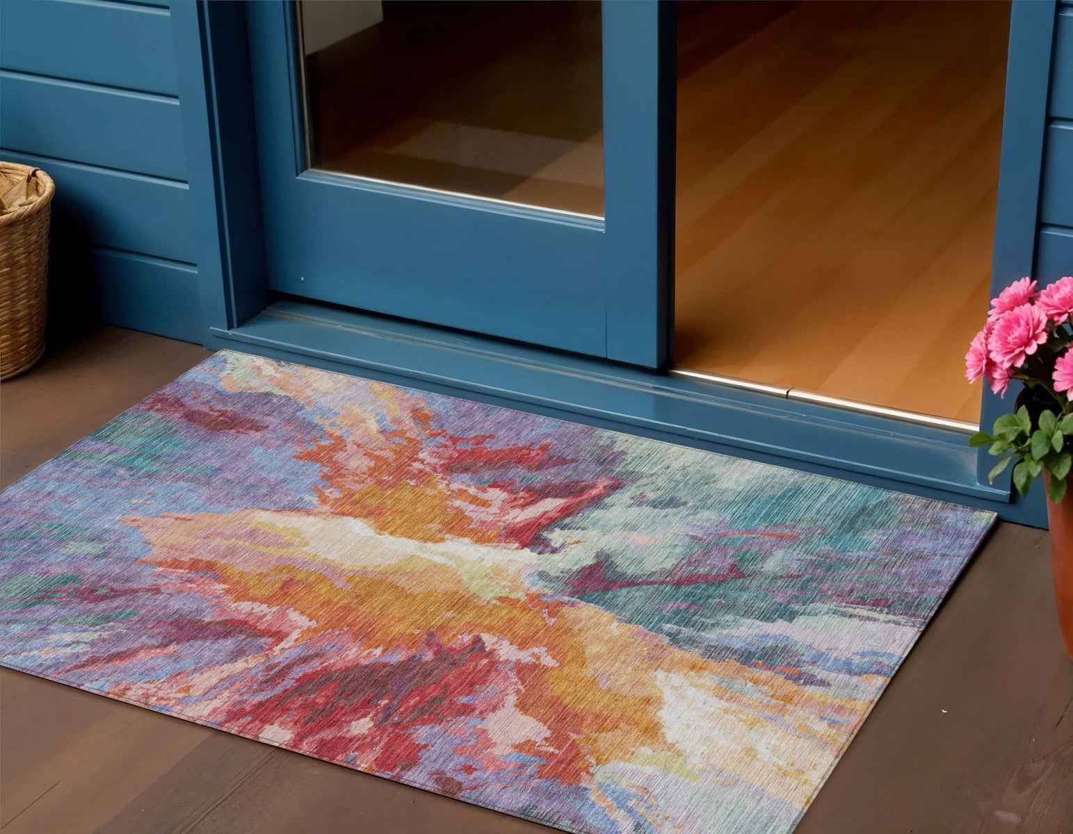 3' X 5' Orange Red And Teal Blue Abstract Washable Indoor Outdoor Area Rug