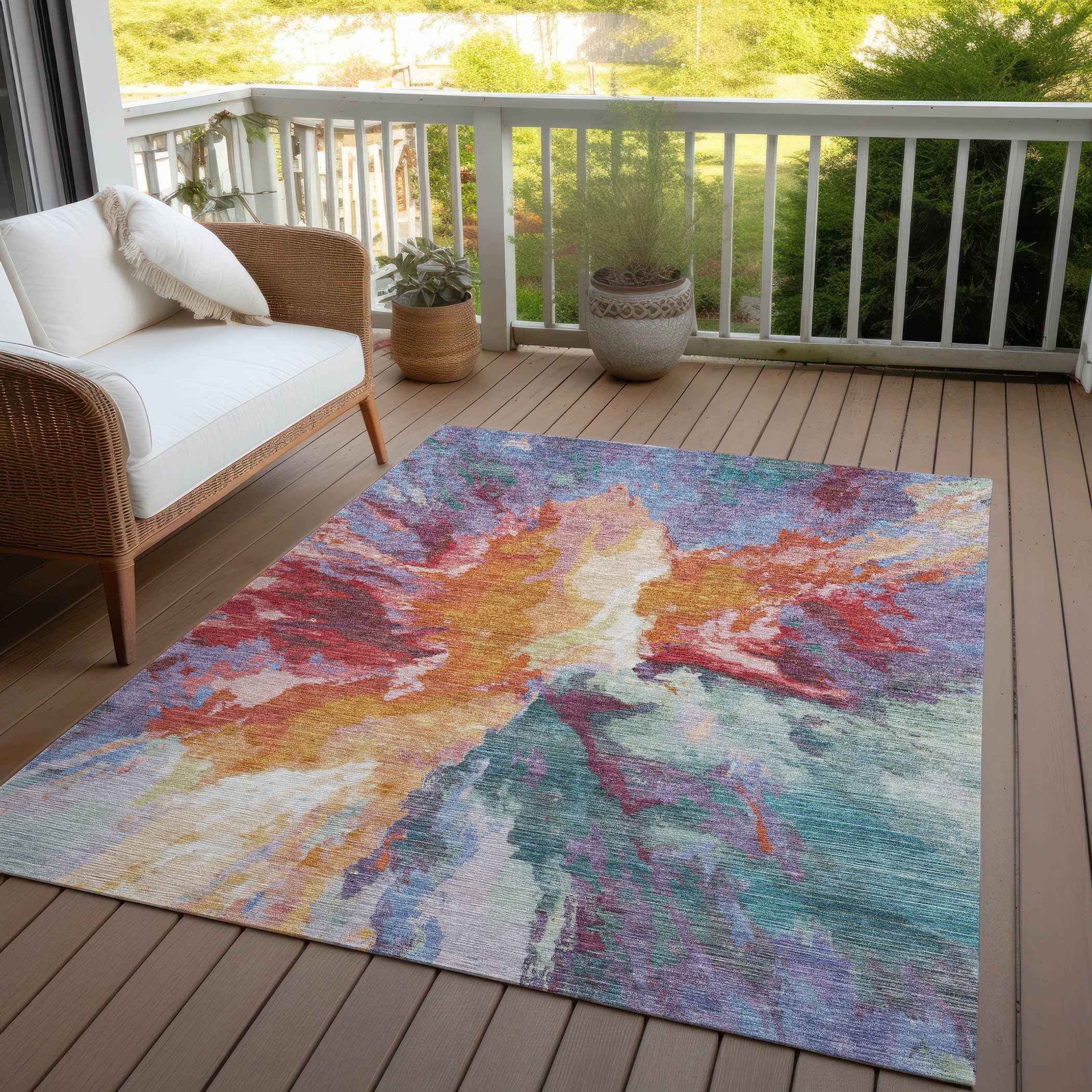3' X 5' Orange Red And Teal Blue Abstract Washable Indoor Outdoor Area Rug