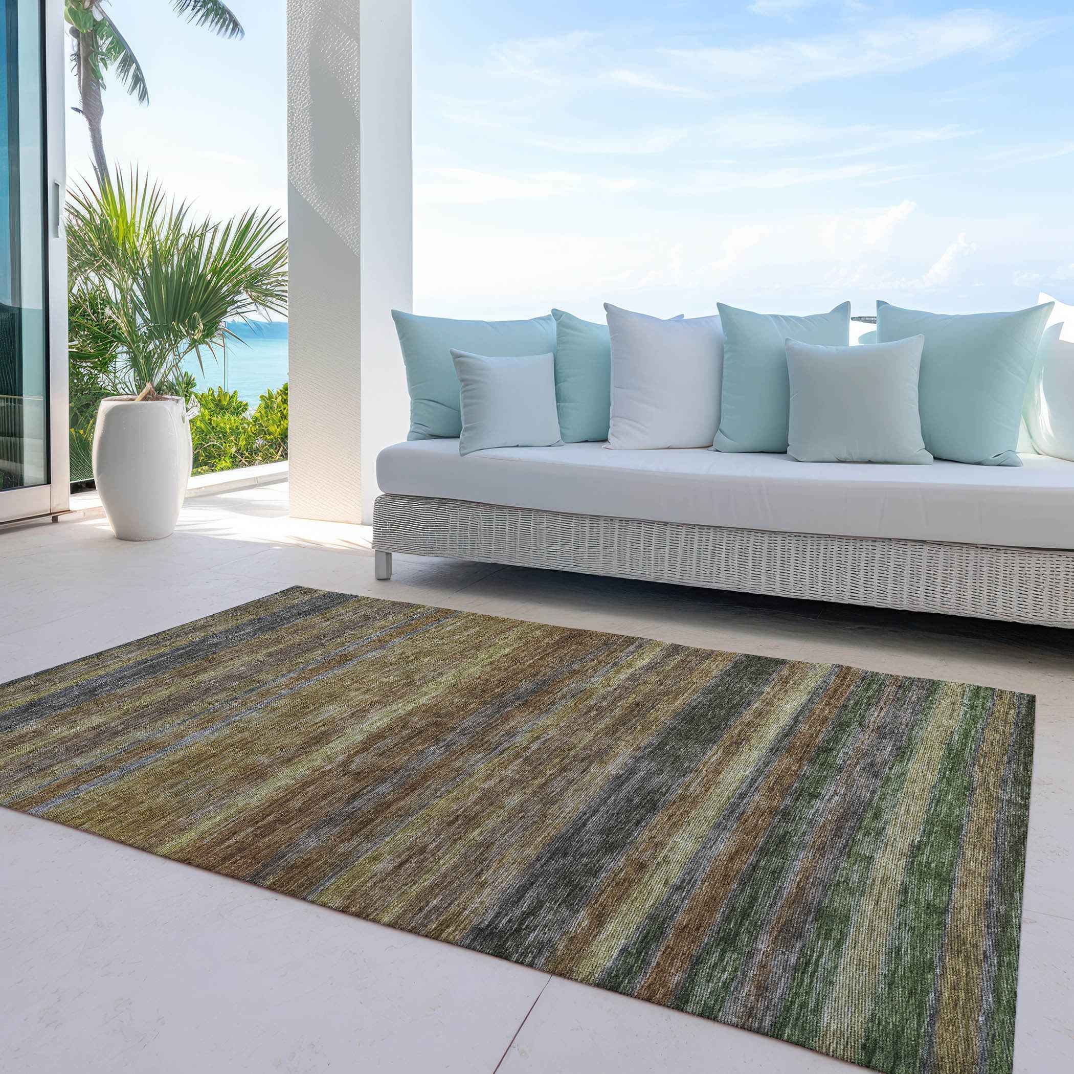 5' X 8' Brown And Gray Striped Washable Indoor Outdoor Area Rug