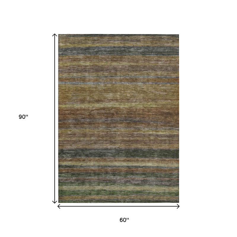 5' X 8' Brown And Gray Striped Washable Indoor Outdoor Area Rug
