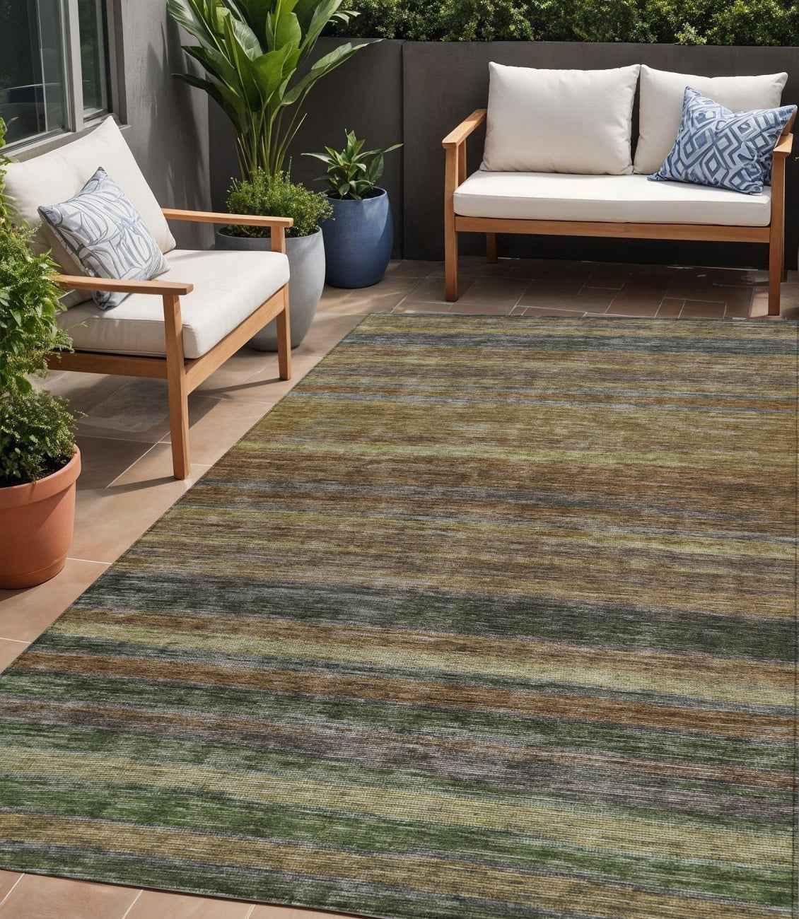 5' X 8' Brown And Gray Striped Washable Indoor Outdoor Area Rug