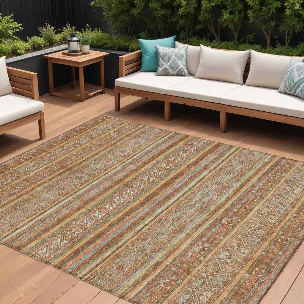 9' X 12' Terra Cotta Copper And Gray Southwestern Washable Indoor Outdoor Area Rug