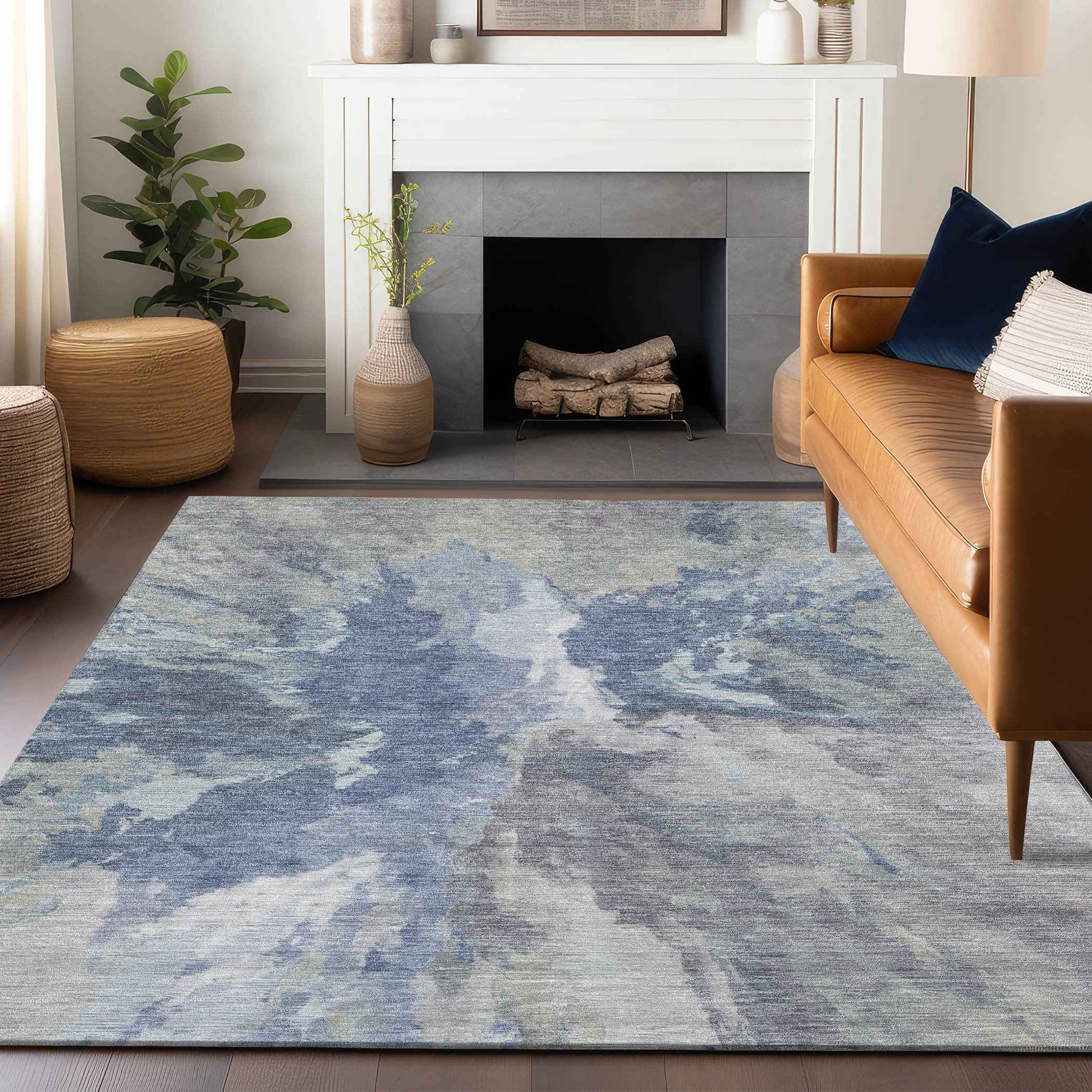 3' X 5' Denim Blue And Linen Abstract Washable Indoor Outdoor Area Rug