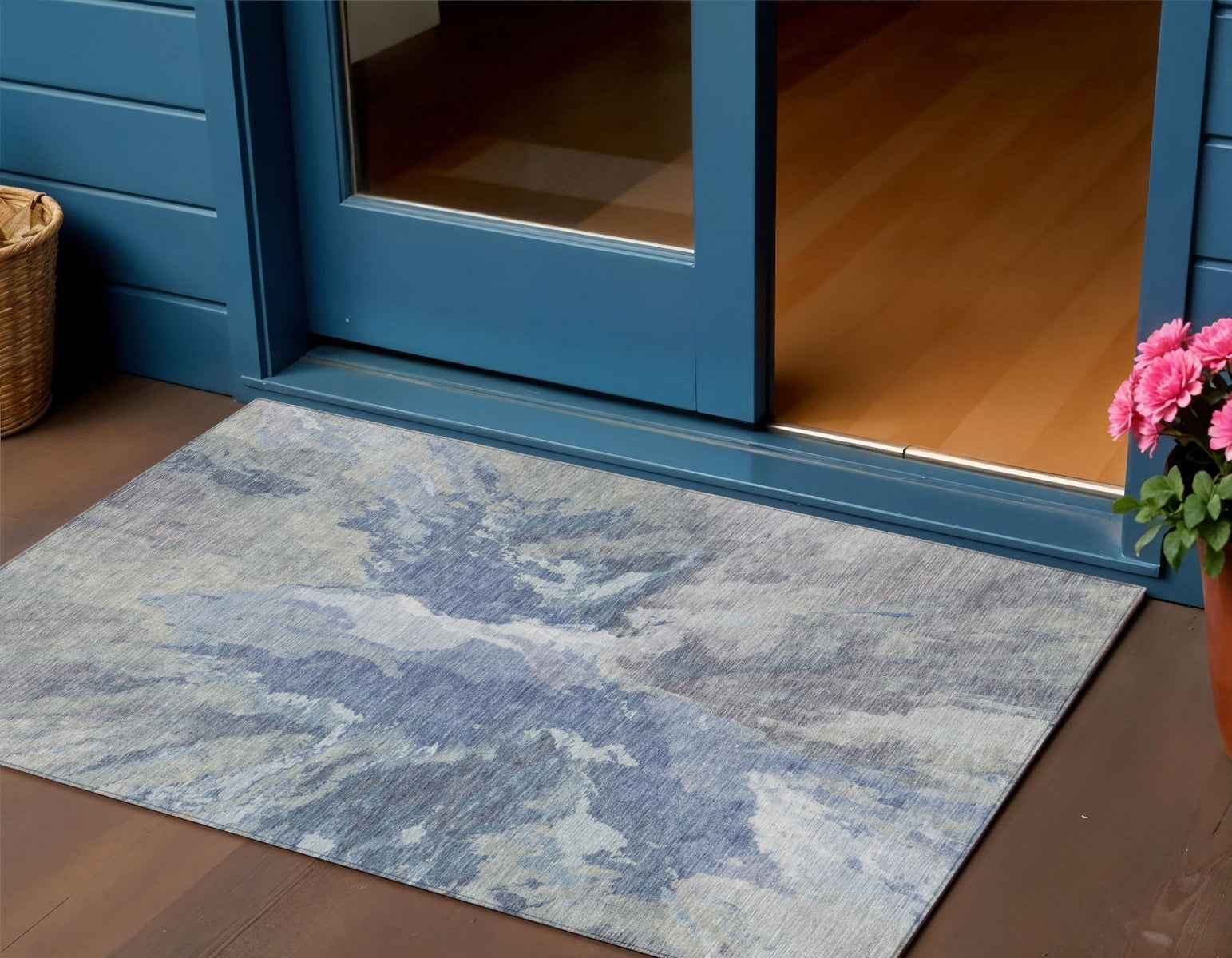 3' X 5' Denim Blue And Linen Abstract Washable Indoor Outdoor Area Rug