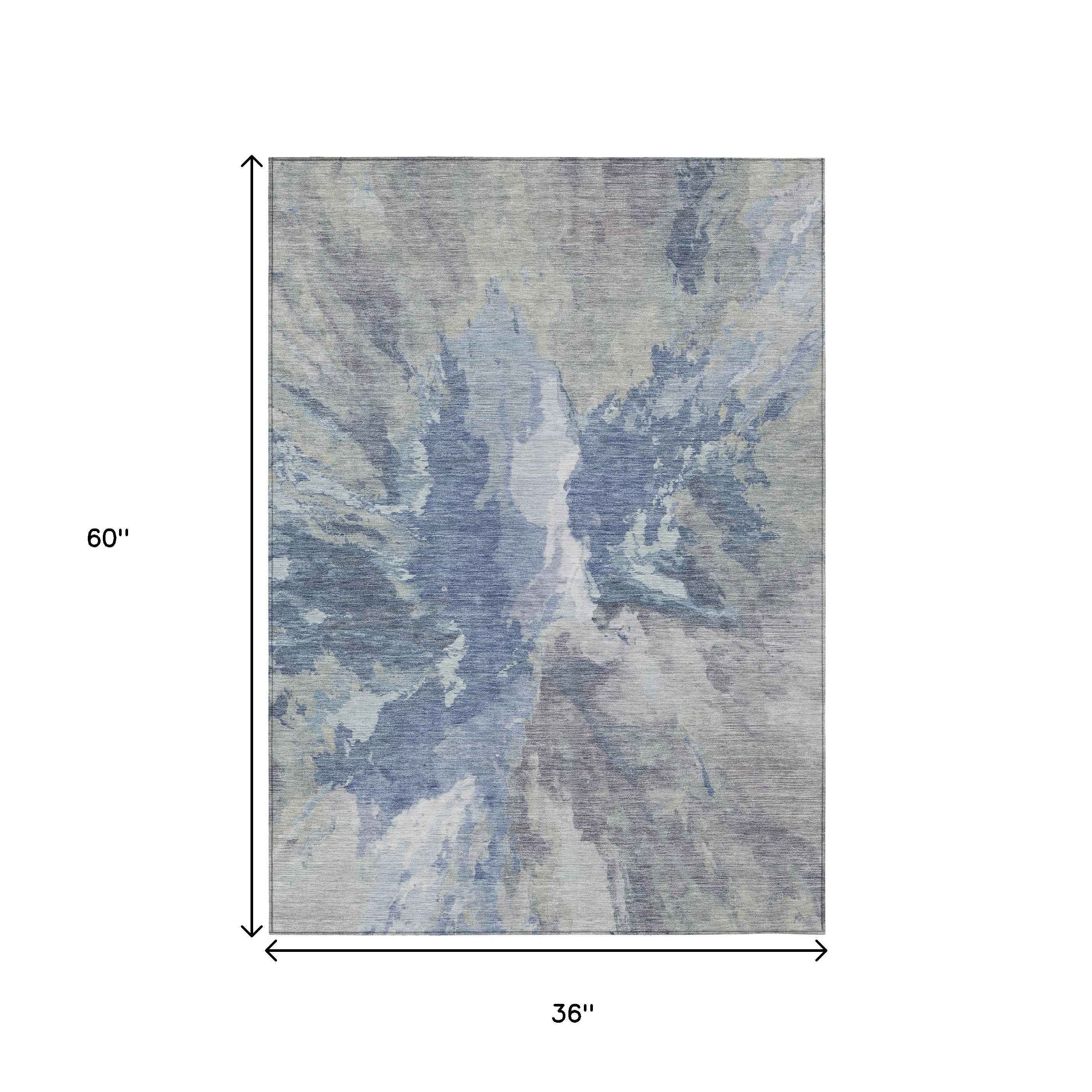 3' X 5' Denim Blue And Linen Abstract Washable Indoor Outdoor Area Rug