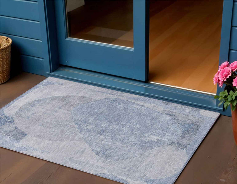 3' X 5' Sky Blue And Denim Blue Abstract Washable Indoor Outdoor Area Rug