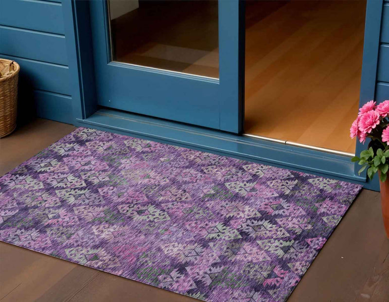 3' X 5' Eggplant Plum And Lavender Aztec Washable Indoor Outdoor Area Rug