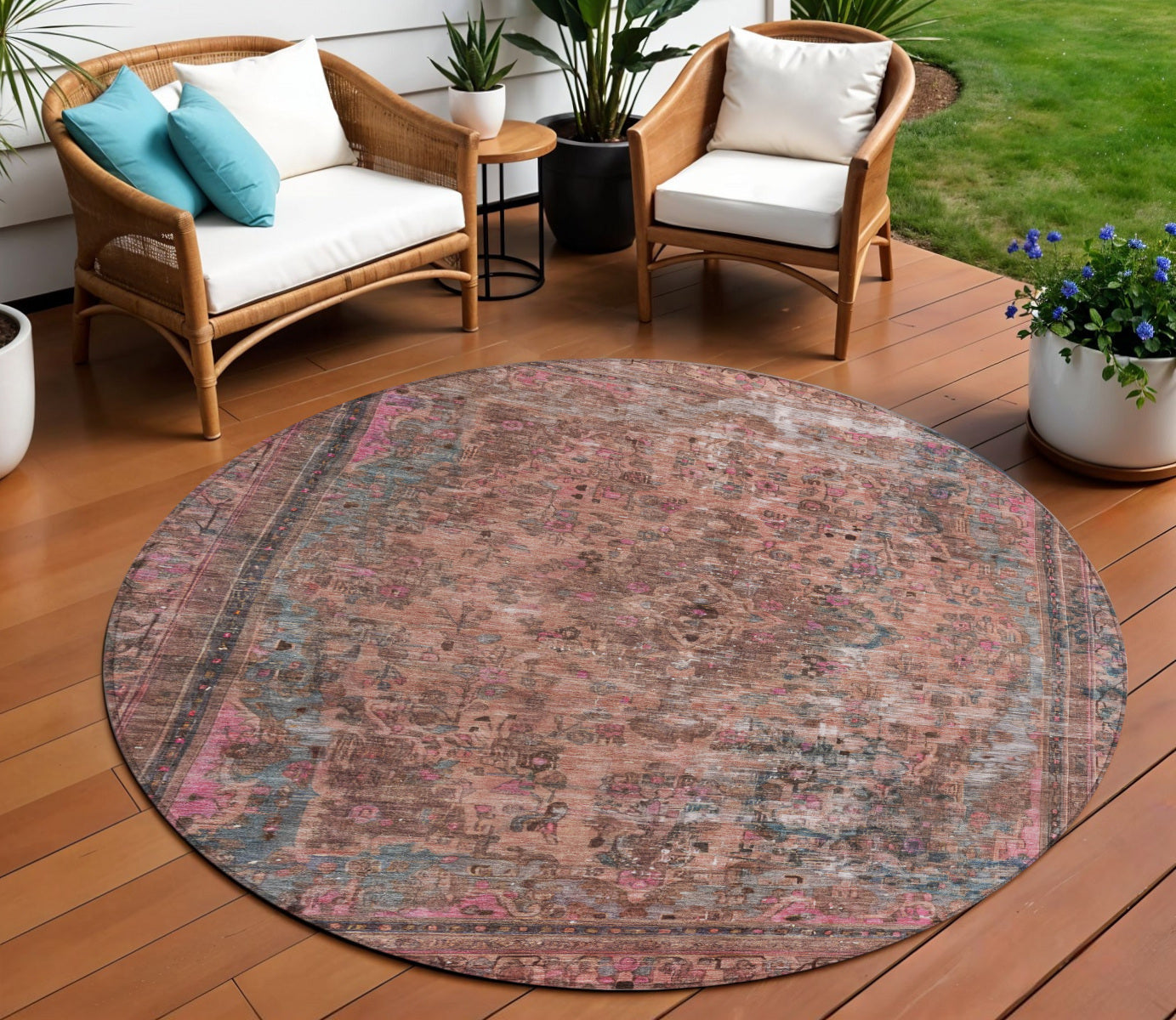 8' Pink And Mauve Round Medallion Washable Indoor Outdoor Area Rug - Sports & Outdoor