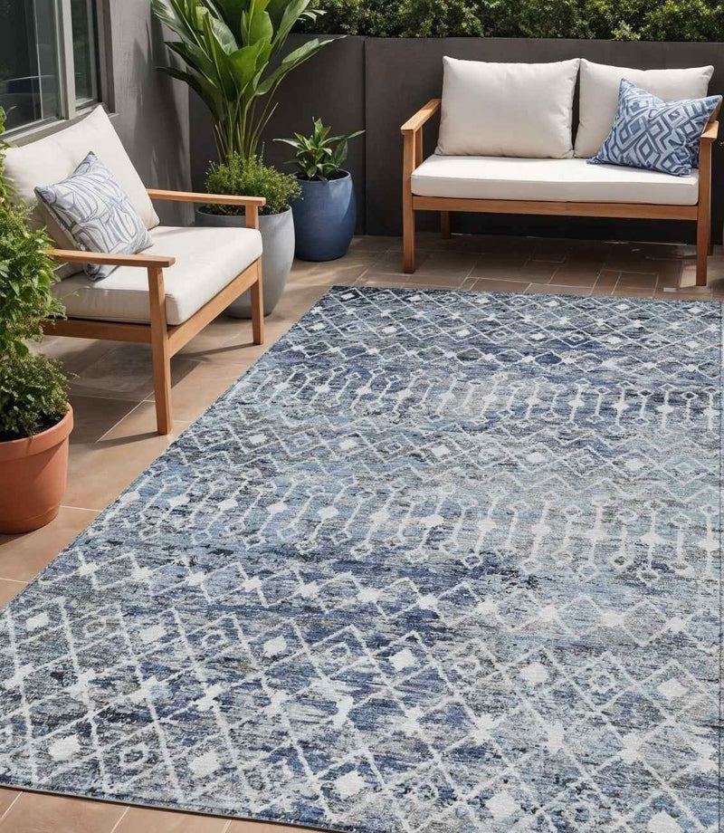 5' X 8' Blue And Silver Argyle Washable Indoor Outdoor Area Rug