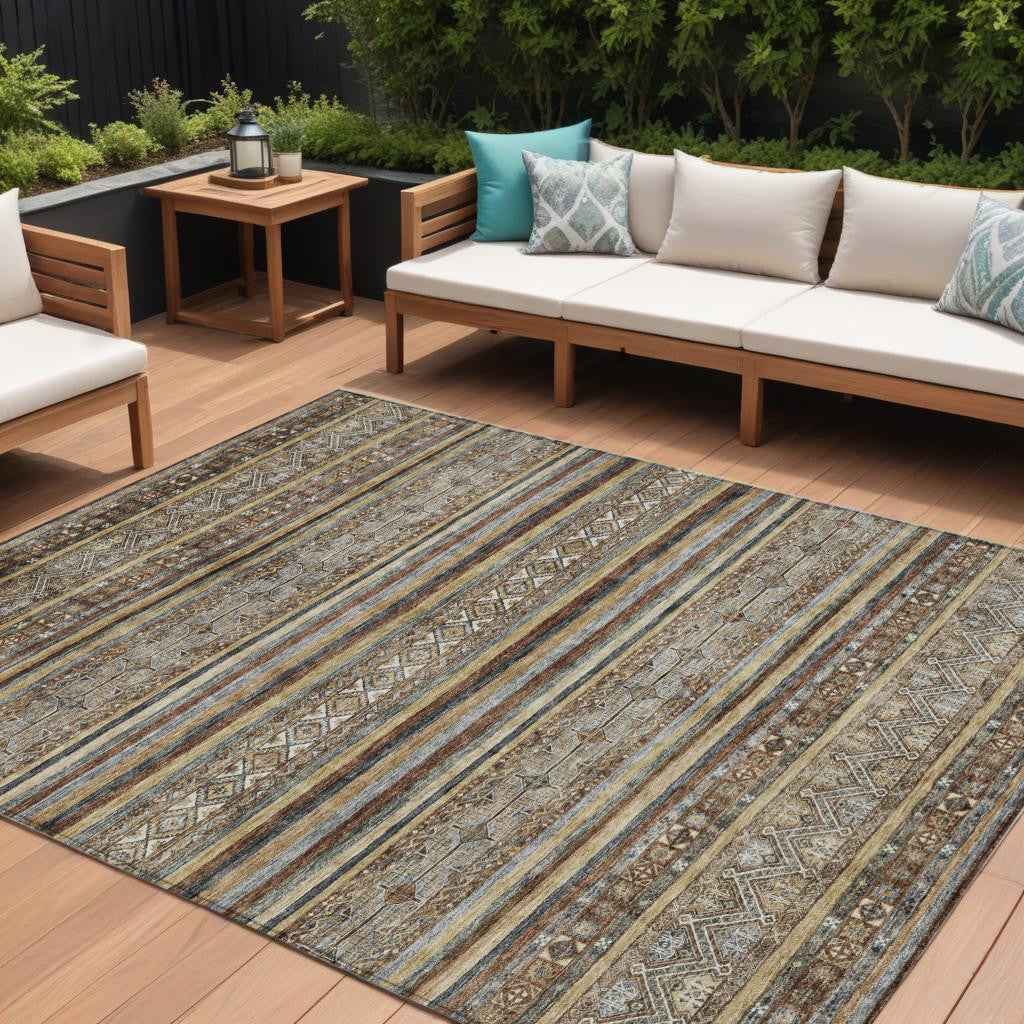 10' X 14' Brown Denim Blue And Beige Southwestern Washable Indoor Outdoor Area Rug