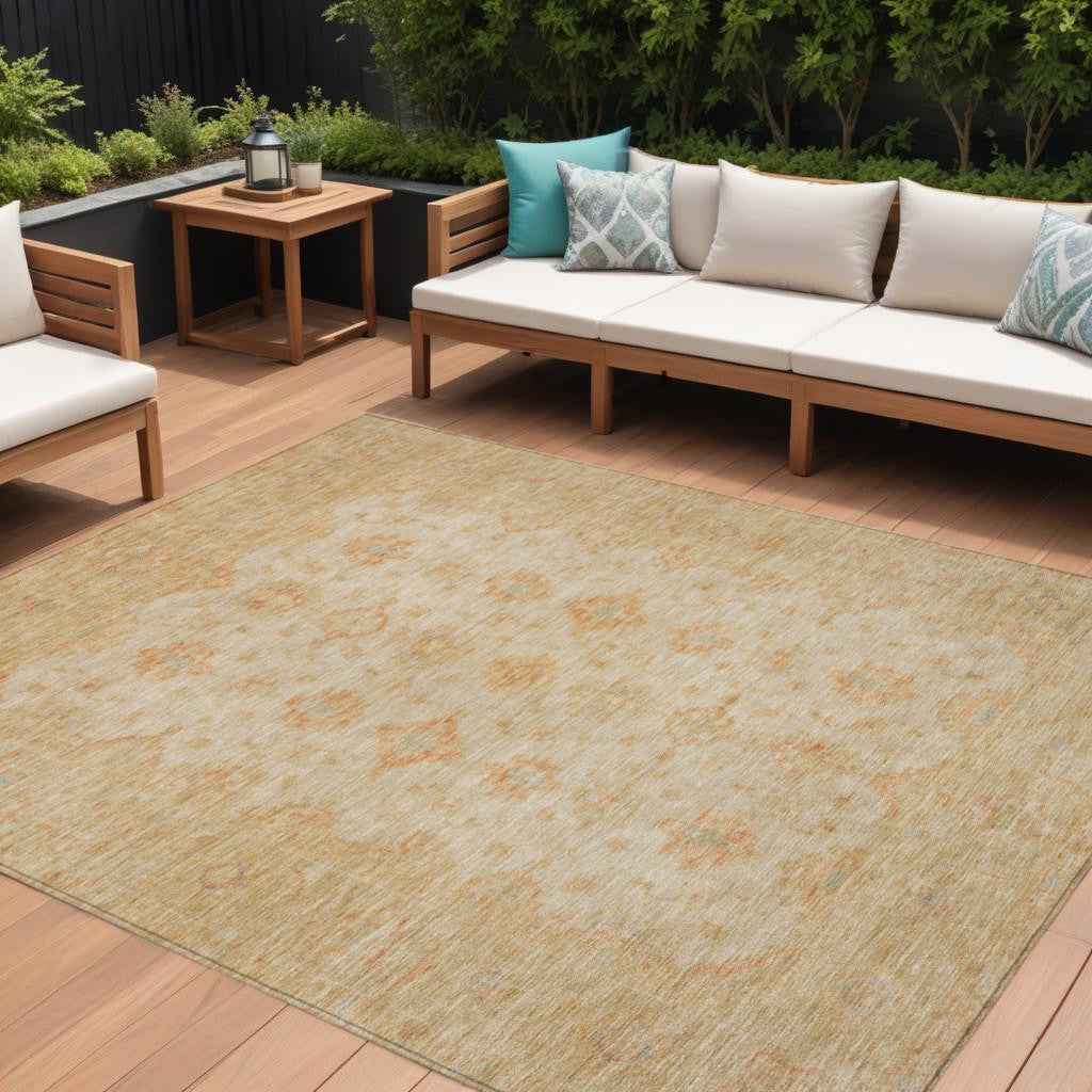 10' X 14' Beige And Rust Floral Medallion Washable Indoor Outdoor Area Rug