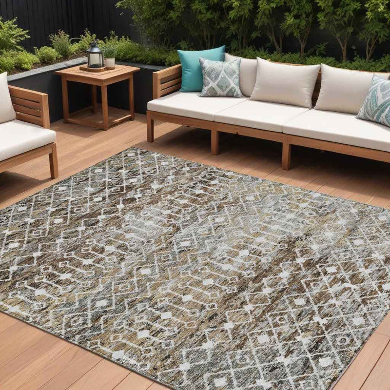 9' X 12' Brown And Beige Argyle Washable Indoor Outdoor Area Rug