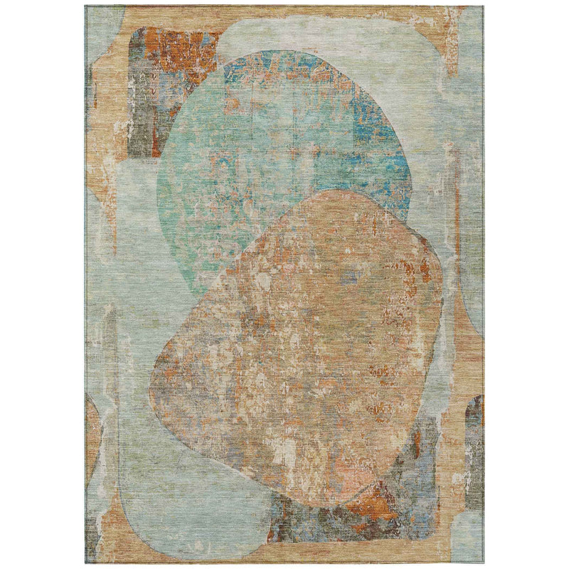 9' X 12' Teal Blue And Copper Abstract Washable Indoor Outdoor Area Rug