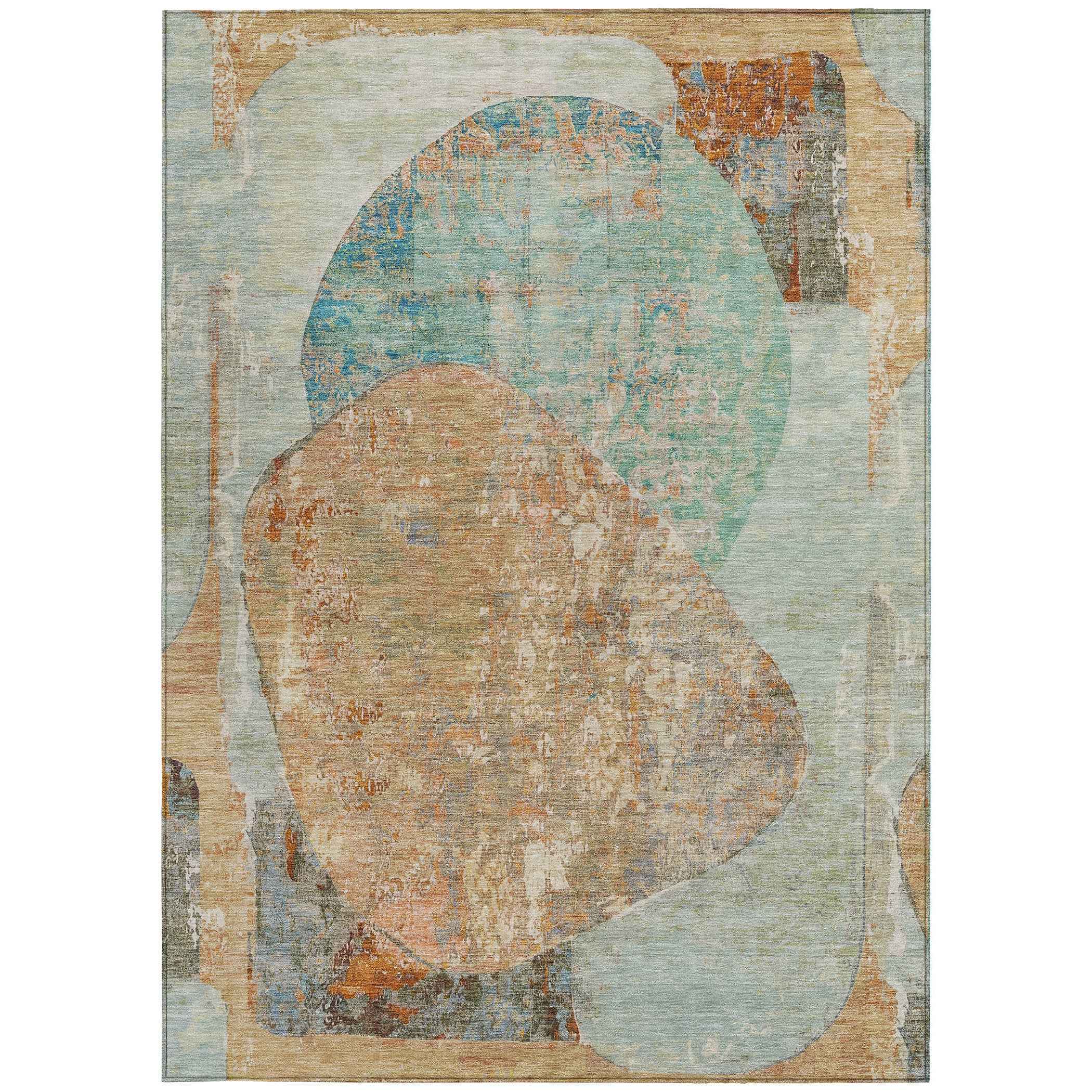 9' X 12' Teal Blue And Copper Abstract Washable Indoor Outdoor Area Rug