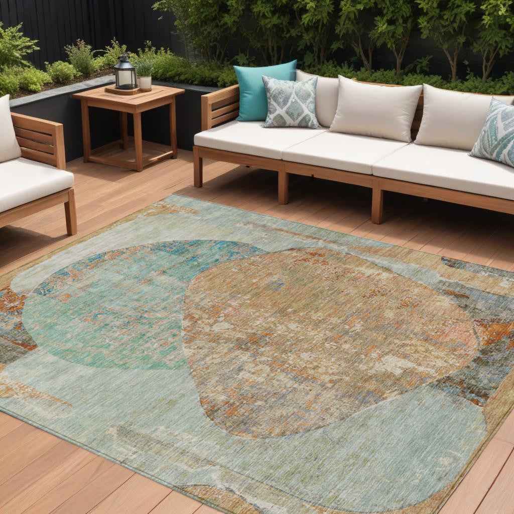 9' X 12' Teal Blue And Copper Abstract Washable Indoor Outdoor Area Rug