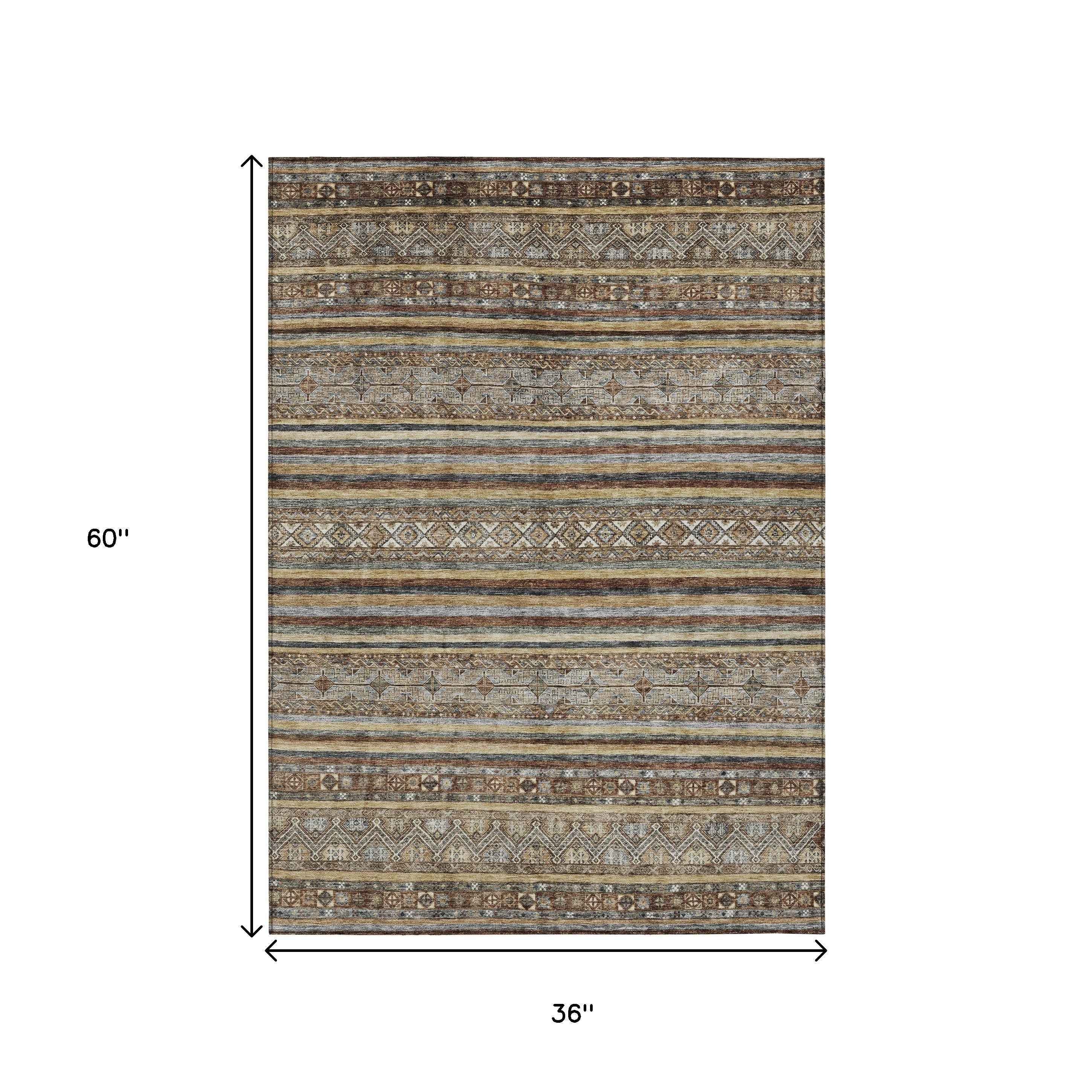 3' X 5' Brown Denim Blue And Beige Southwestern Washable Indoor Outdoor Area Rug