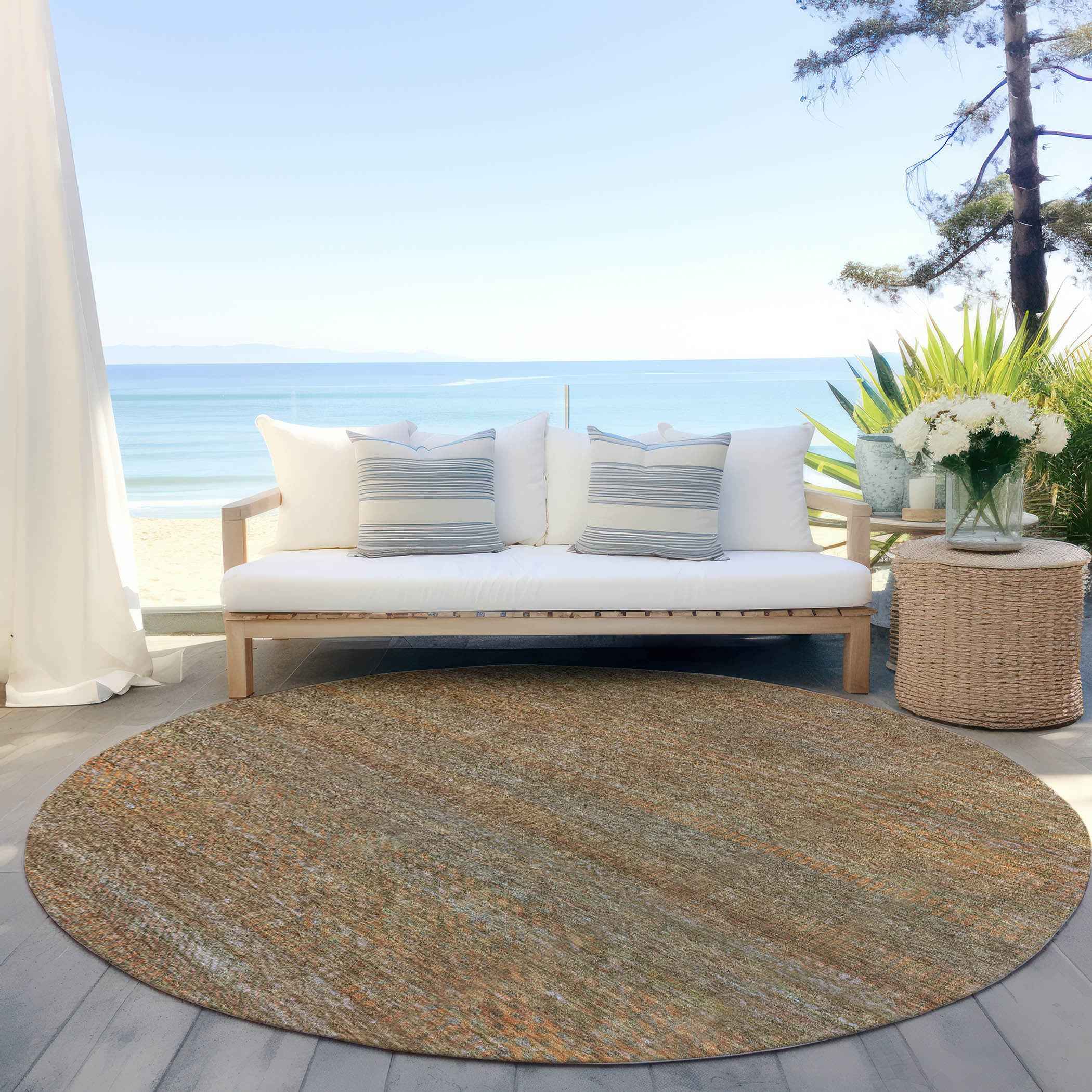 8' Taupe And Brown Round Striped Washable Indoor Outdoor Area Rug
