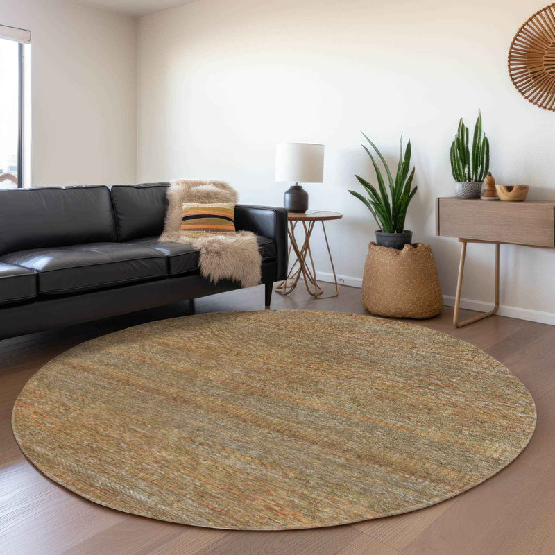 8' Taupe And Brown Round Striped Washable Indoor Outdoor Area Rug