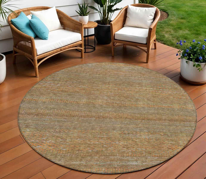 8' Taupe And Brown Round Striped Washable Indoor Outdoor Area Rug