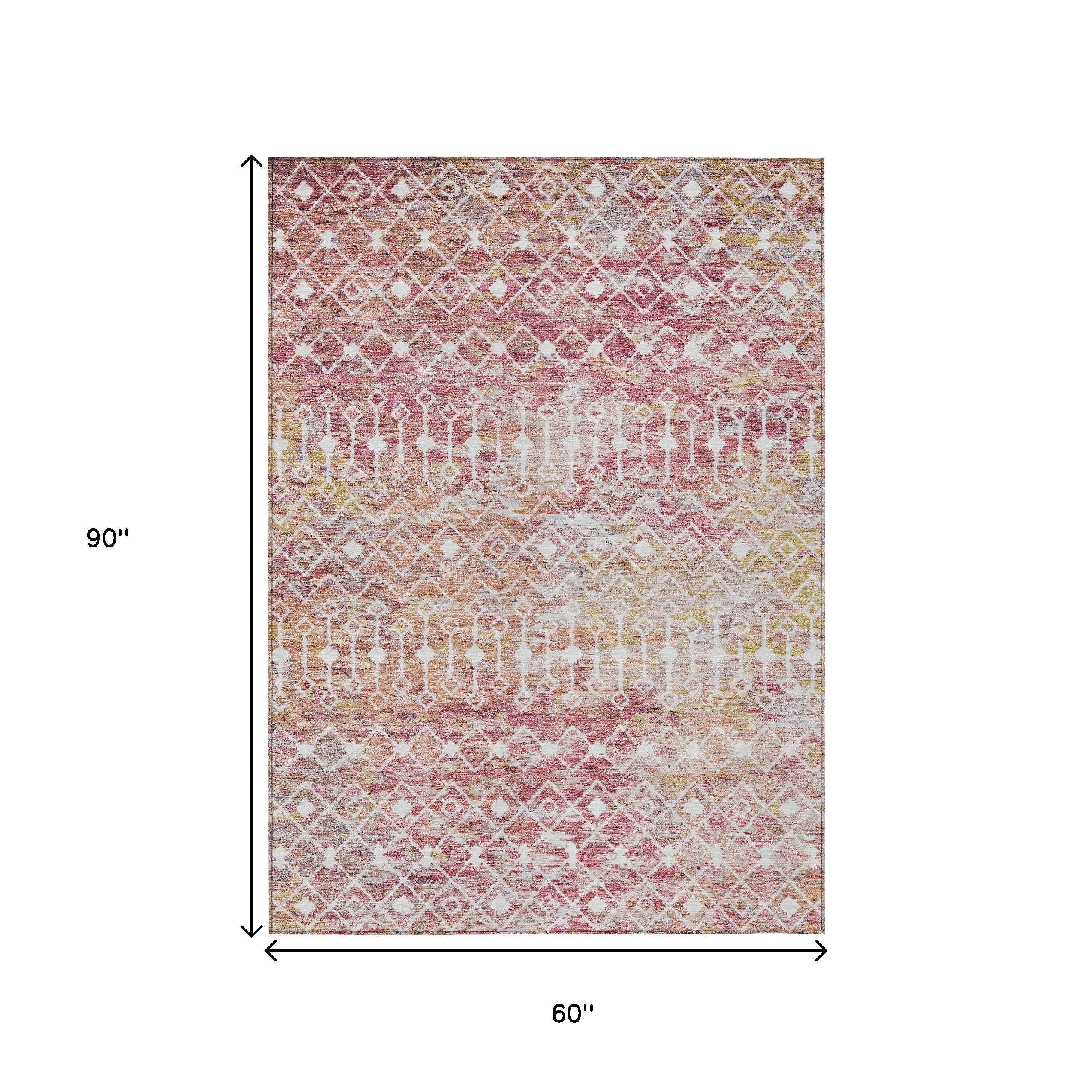 5' X 8' Pink And Ivory Argyle Washable Indoor Outdoor Area Rug