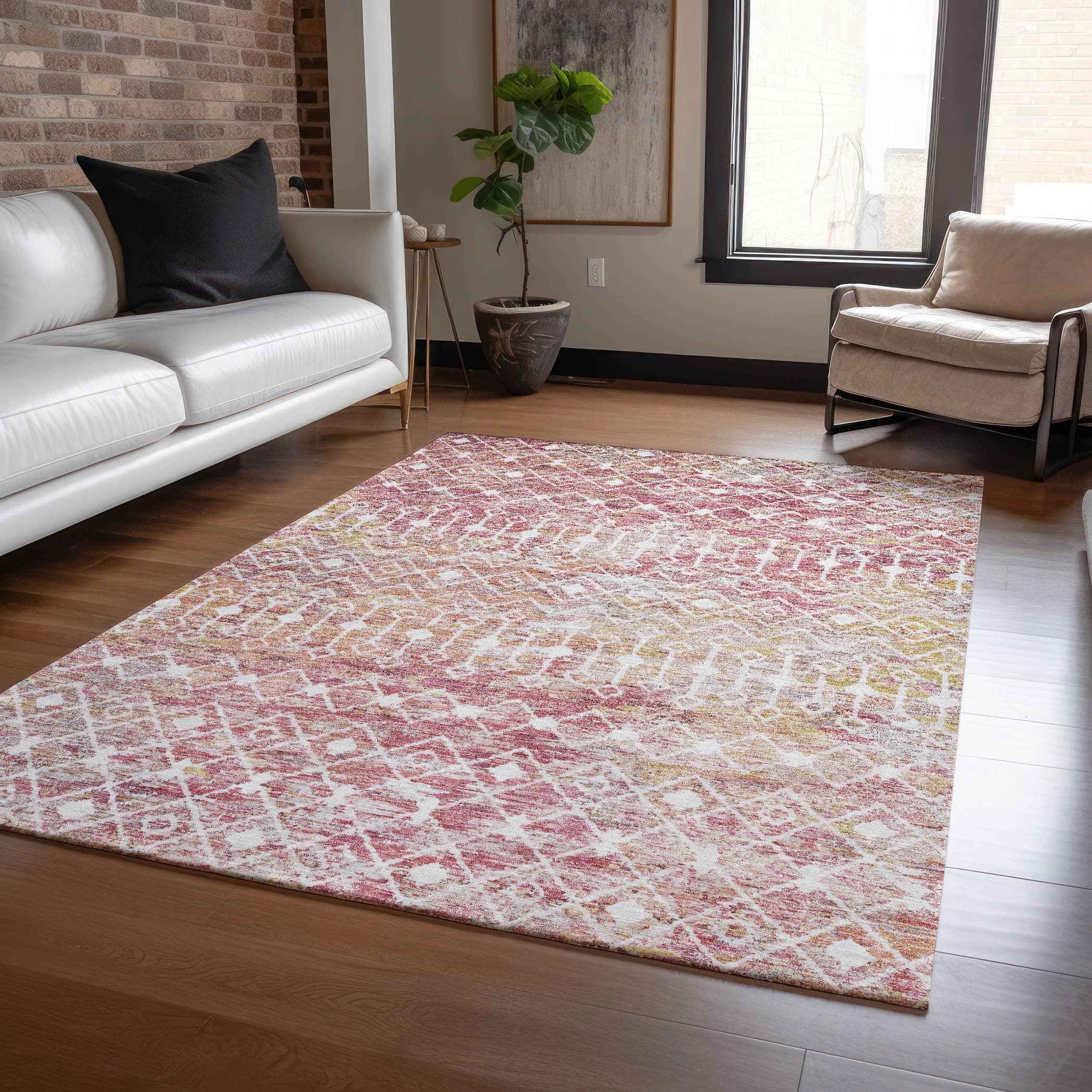 5' X 8' Pink And Ivory Argyle Washable Indoor Outdoor Area Rug