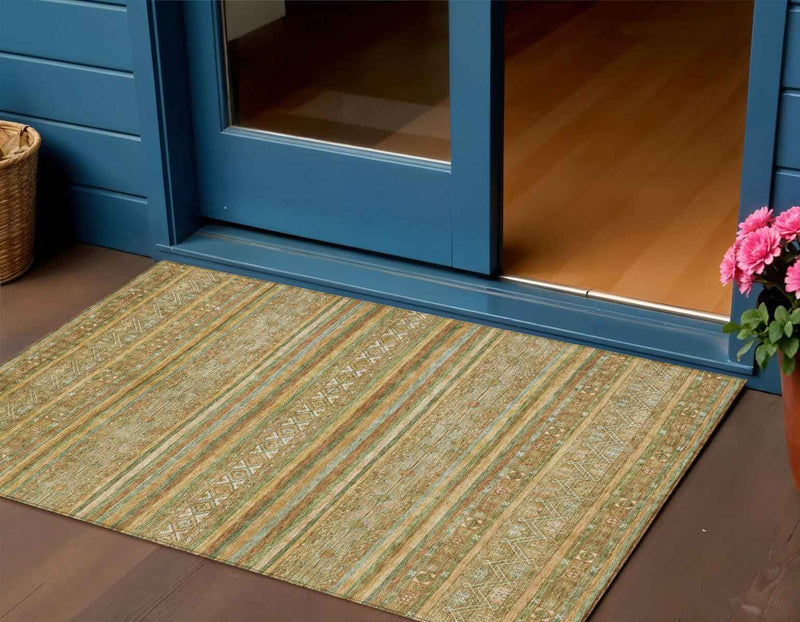 3' X 5' Artichoke Green Gold And Beige Southwestern Washable Indoor Outdoor Area Rug