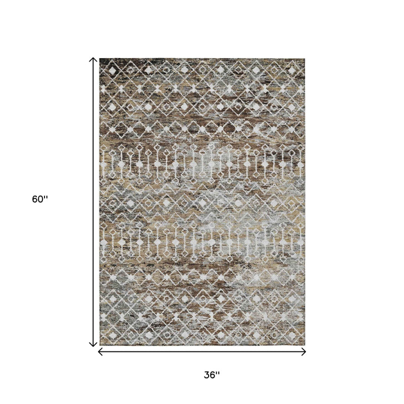 3' X 5' Brown And Beige Argyle Washable Indoor Outdoor Area Rug