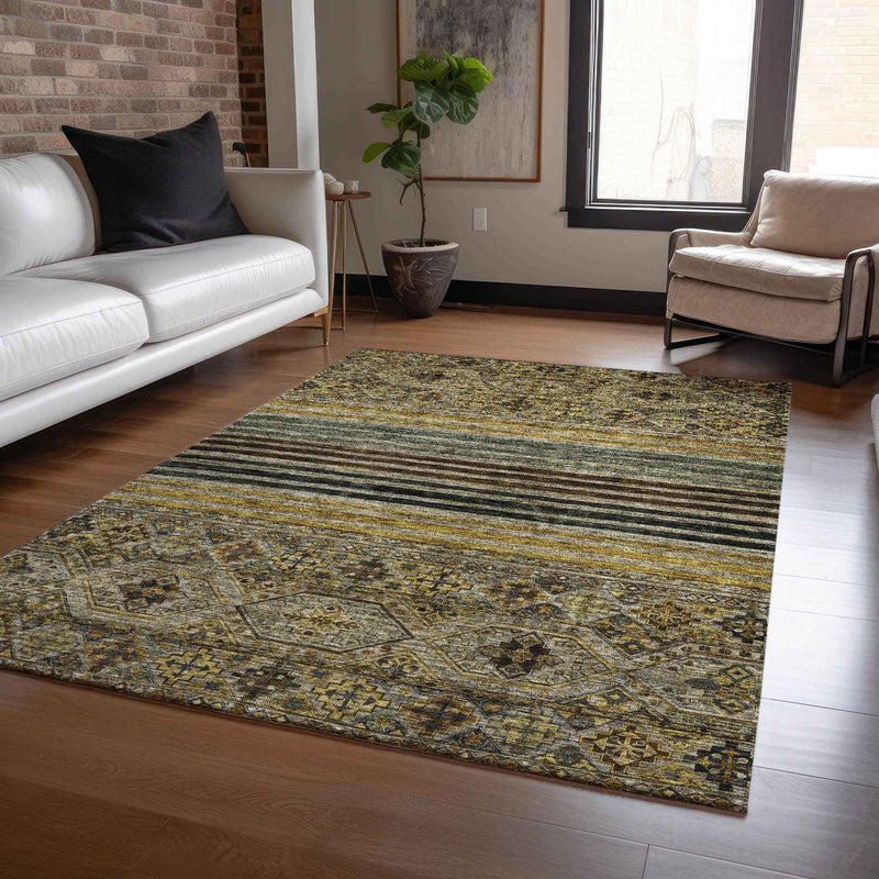 8' X 10' Gray Gold And Brown Medallion Washable Indoor Outdoor Area Rug