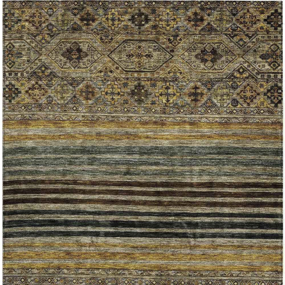8' X 10' Gray Gold And Brown Medallion Washable Indoor Outdoor Area Rug