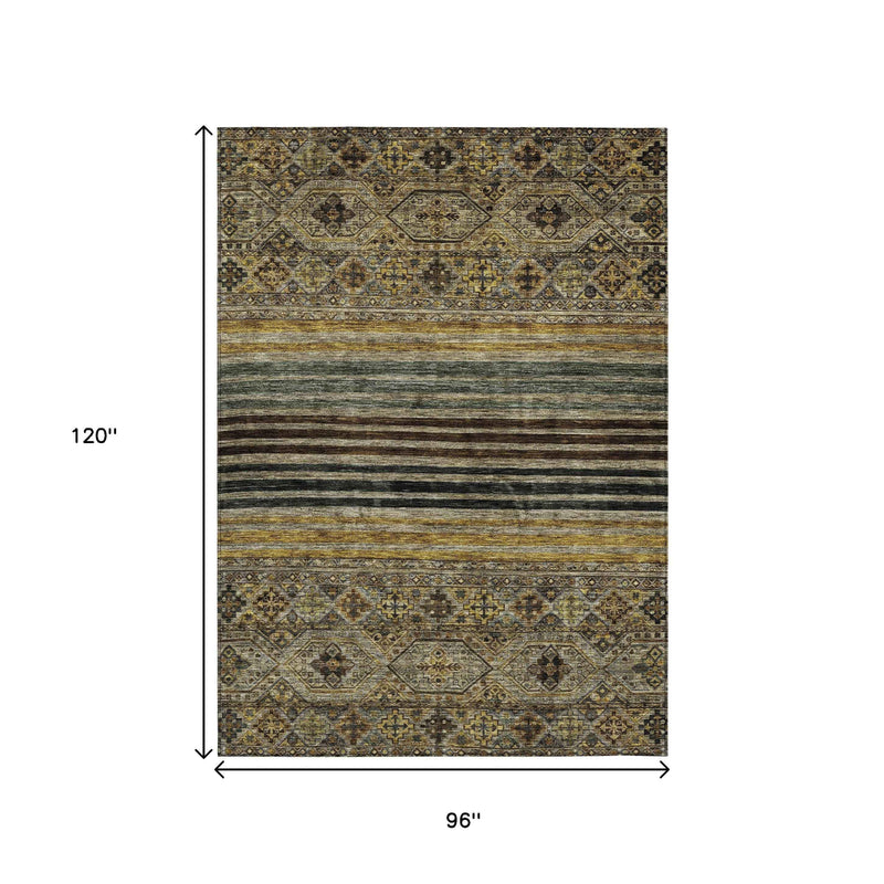 8' X 10' Gray Gold And Brown Medallion Washable Indoor Outdoor Area Rug