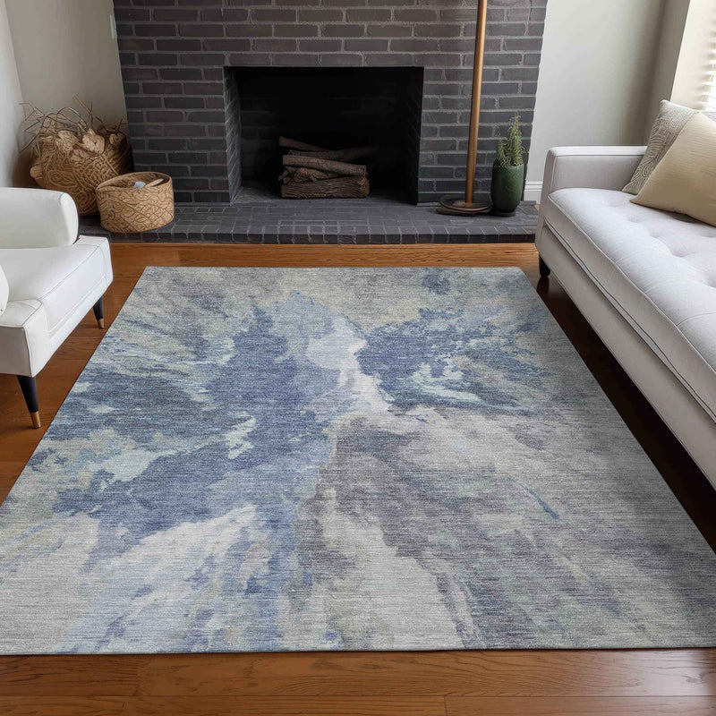 9' X 12' Denim Blue And Linen Abstract Washable Indoor Outdoor Area Rug