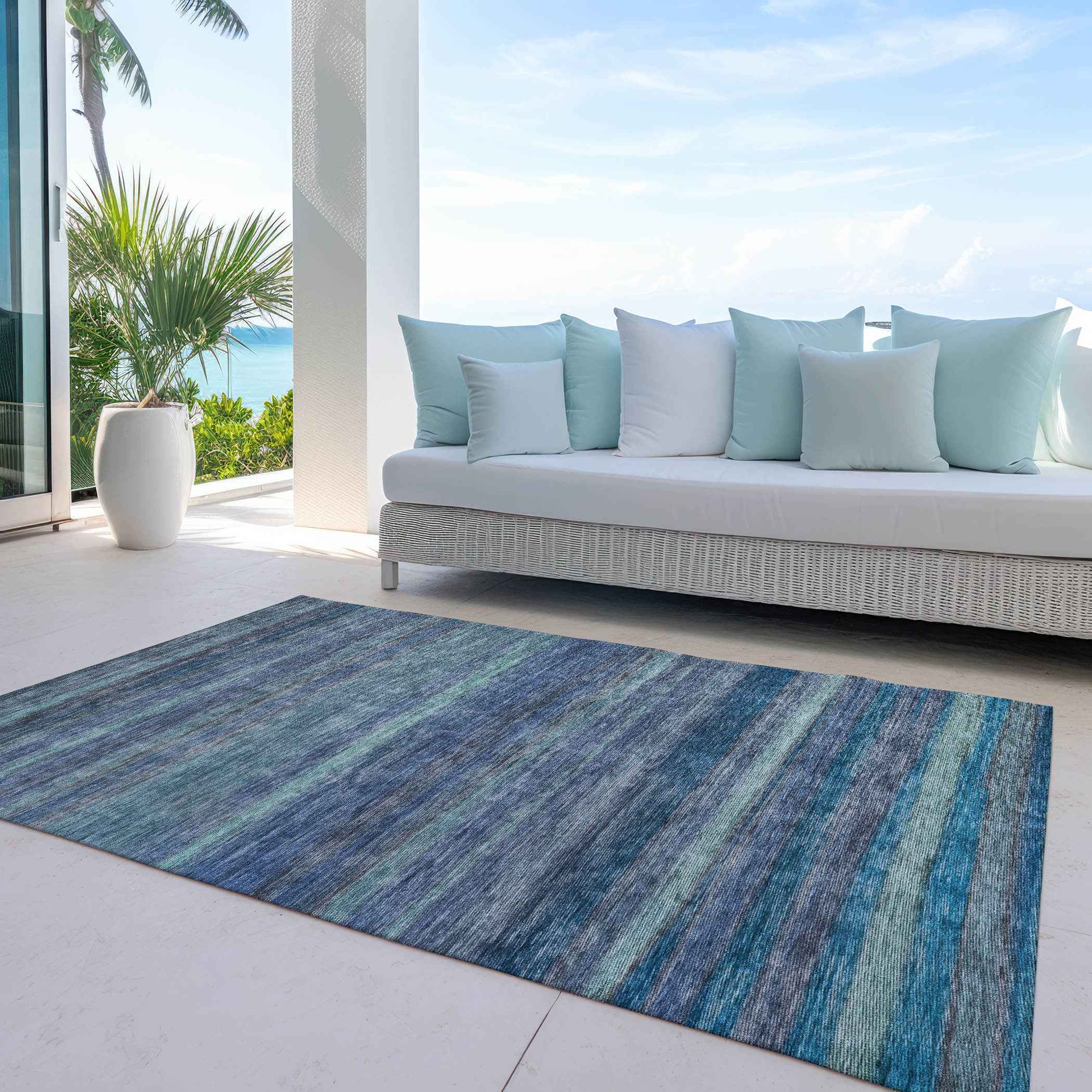 5' X 8' Blue And Gray Striped Washable Indoor Outdoor Area Rug