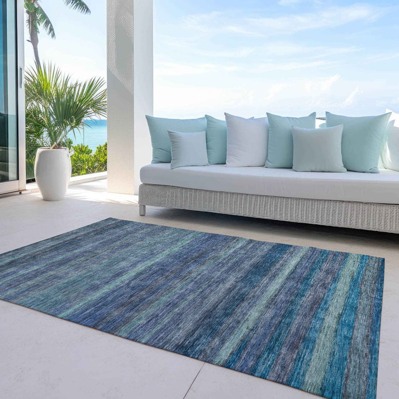 5' X 8' Blue And Gray Striped Washable Indoor Outdoor Area Rug