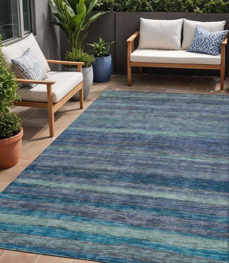 5' X 8' Blue And Gray Striped Washable Indoor Outdoor Area Rug