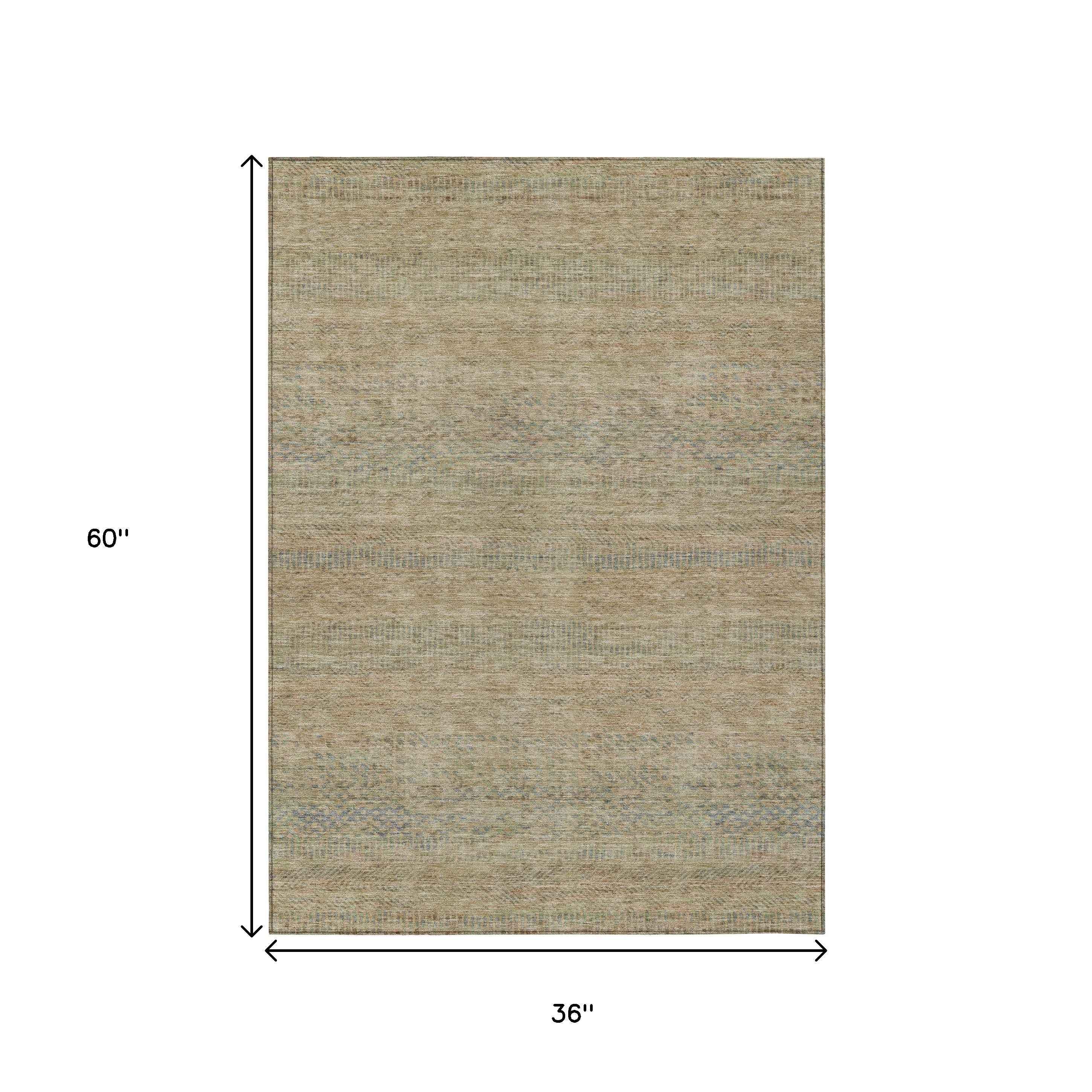 3' X 5' Beige And Taupe Striped Washable Indoor Outdoor Area Rug