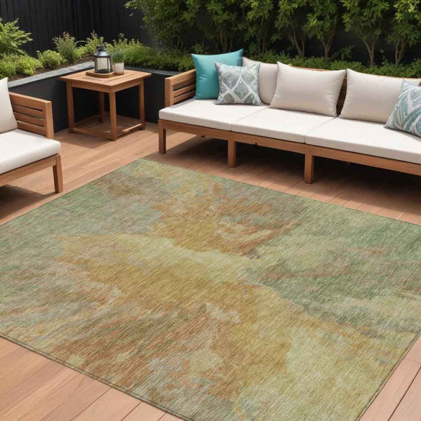 9' X 12' Artichoke Green And Gold Abstract Washable Indoor Outdoor Area Rug
